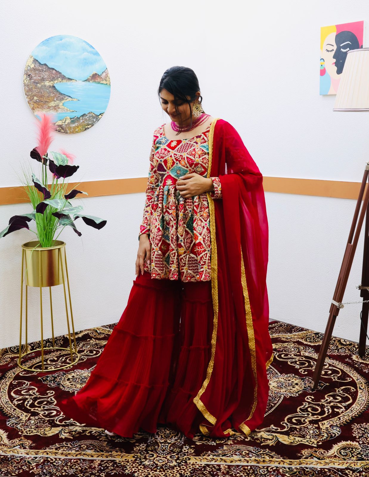 Elegant Thread Work Pink Mother Daughter Sharara Suit