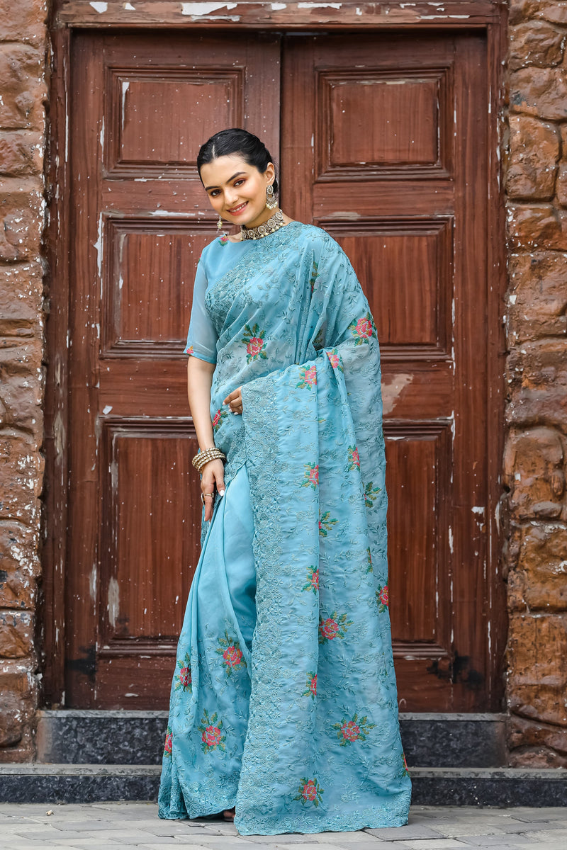 Jasmine Embroidery Pure Mul Cotton Saree Sky Blue