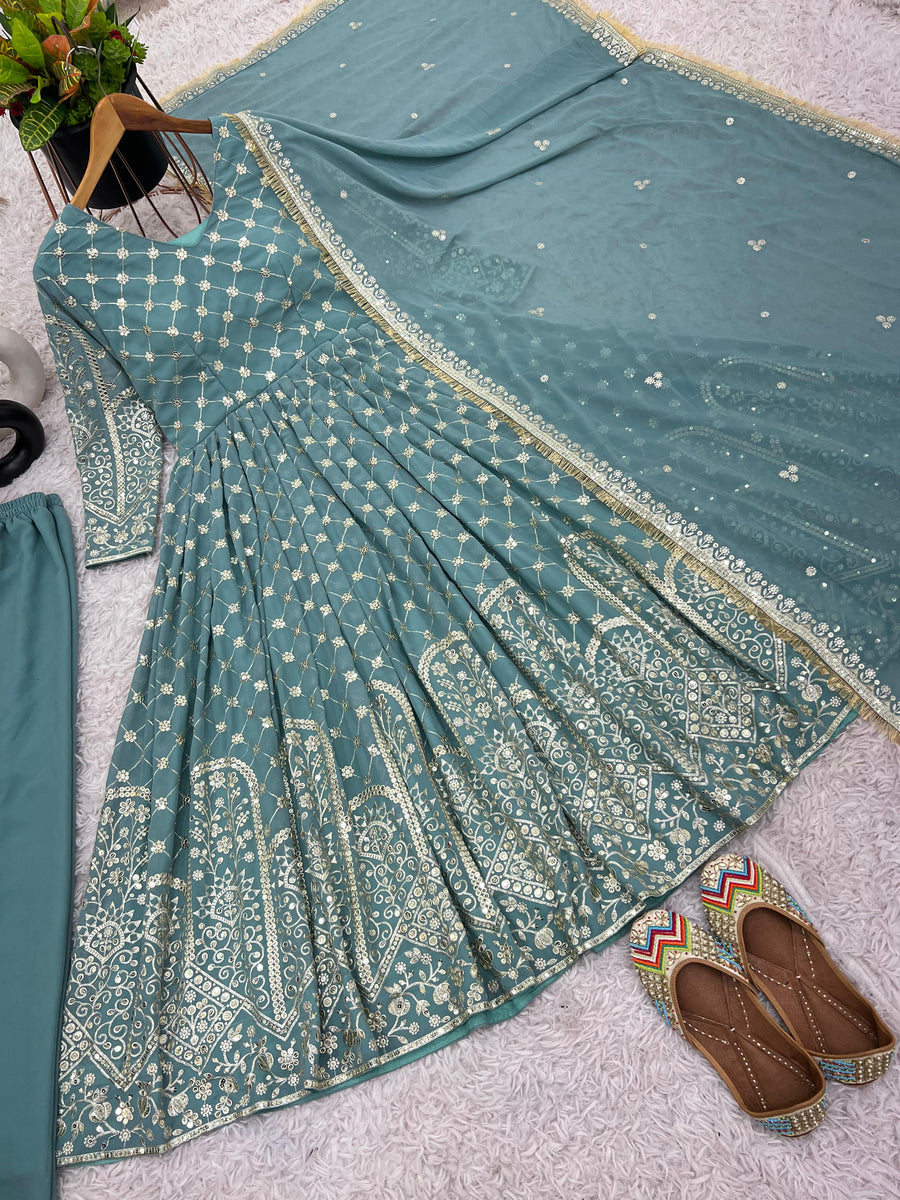 Festive Look Sky Blue Embroidered Pant Style Salwar Suit
