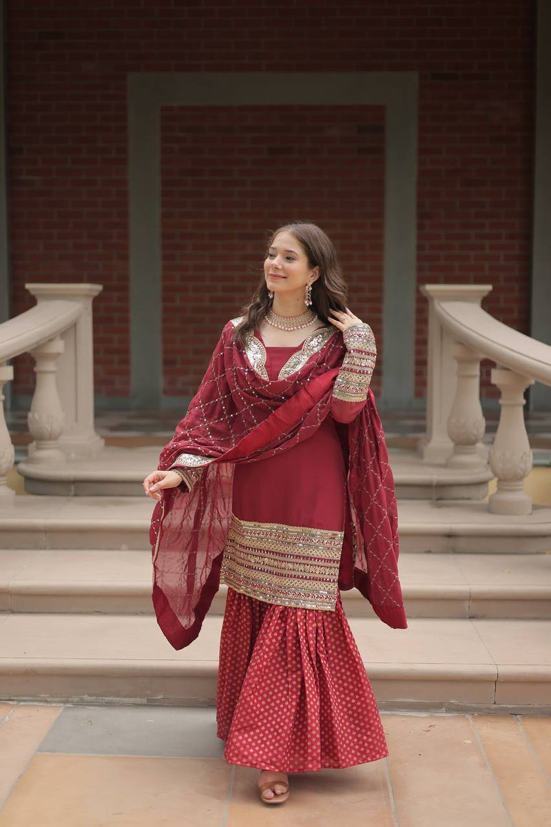 Maroon Solid Lace Work Kurta with Sharara