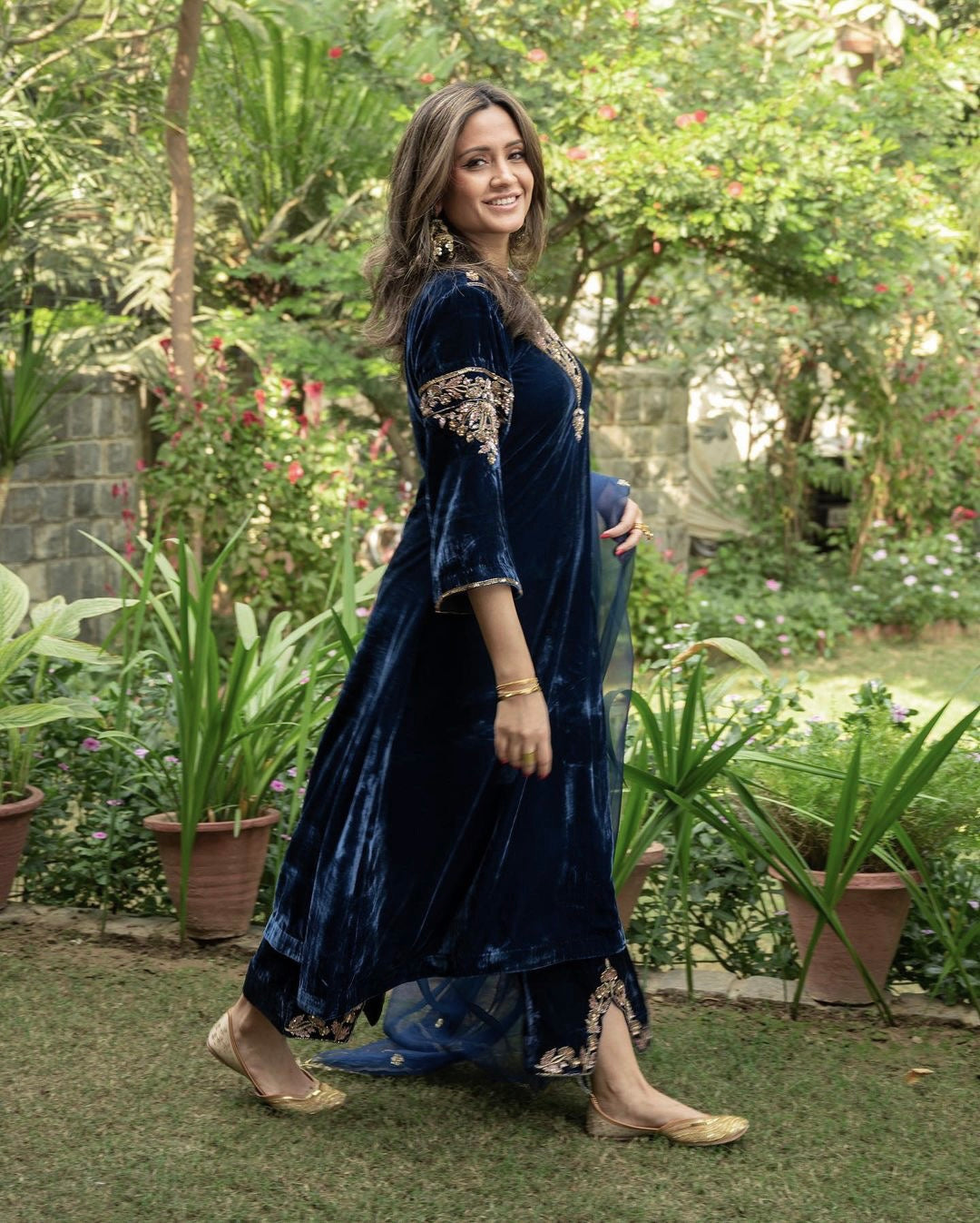 Charming Blue Color Embroidery Sequence Velvet Plazzo Suit