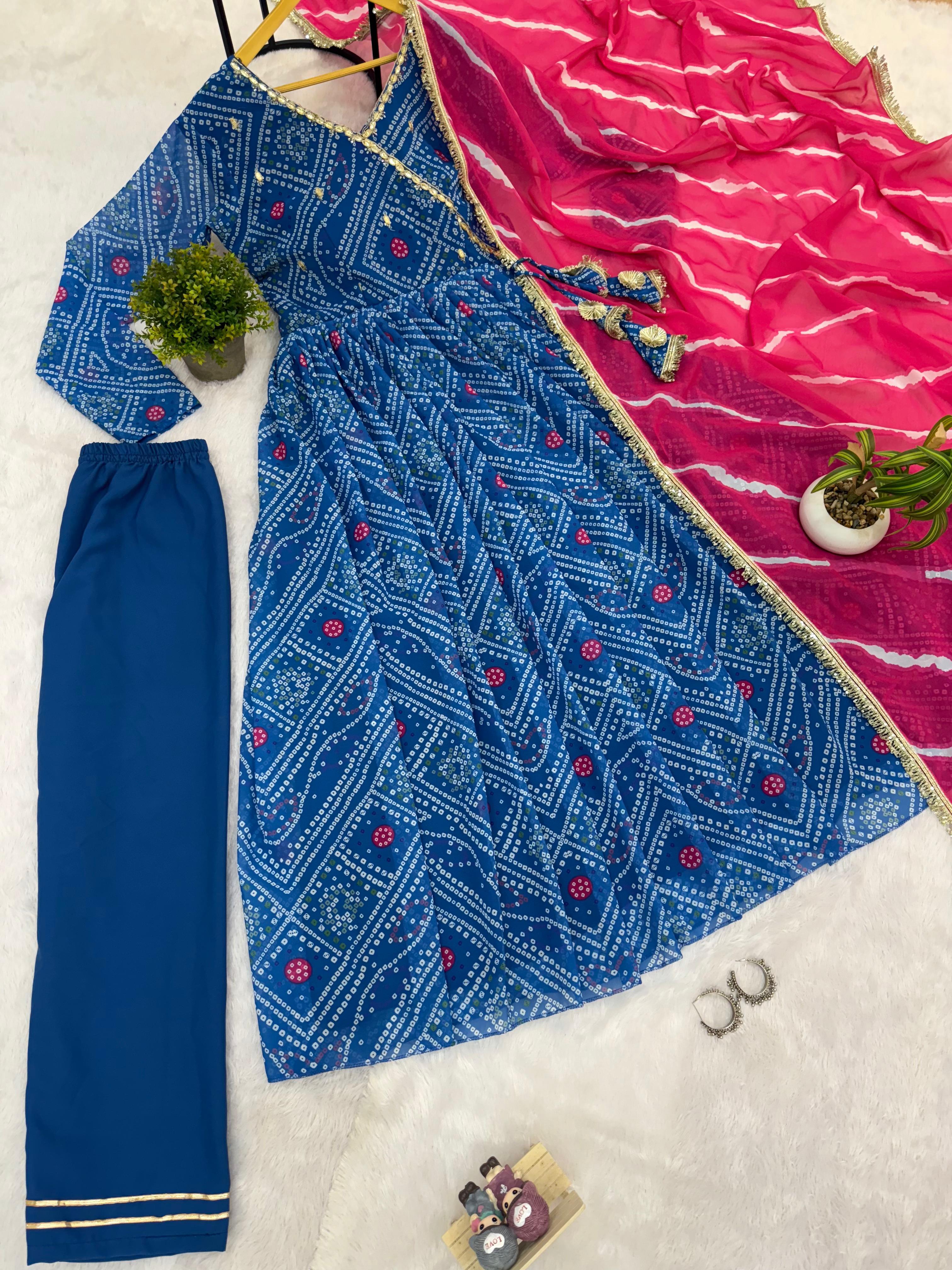 Admiring Blue Georgette Embroidery Work Gown