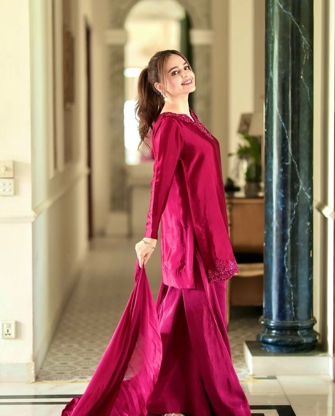 Pink Color Sequence Work Palazzo Suit