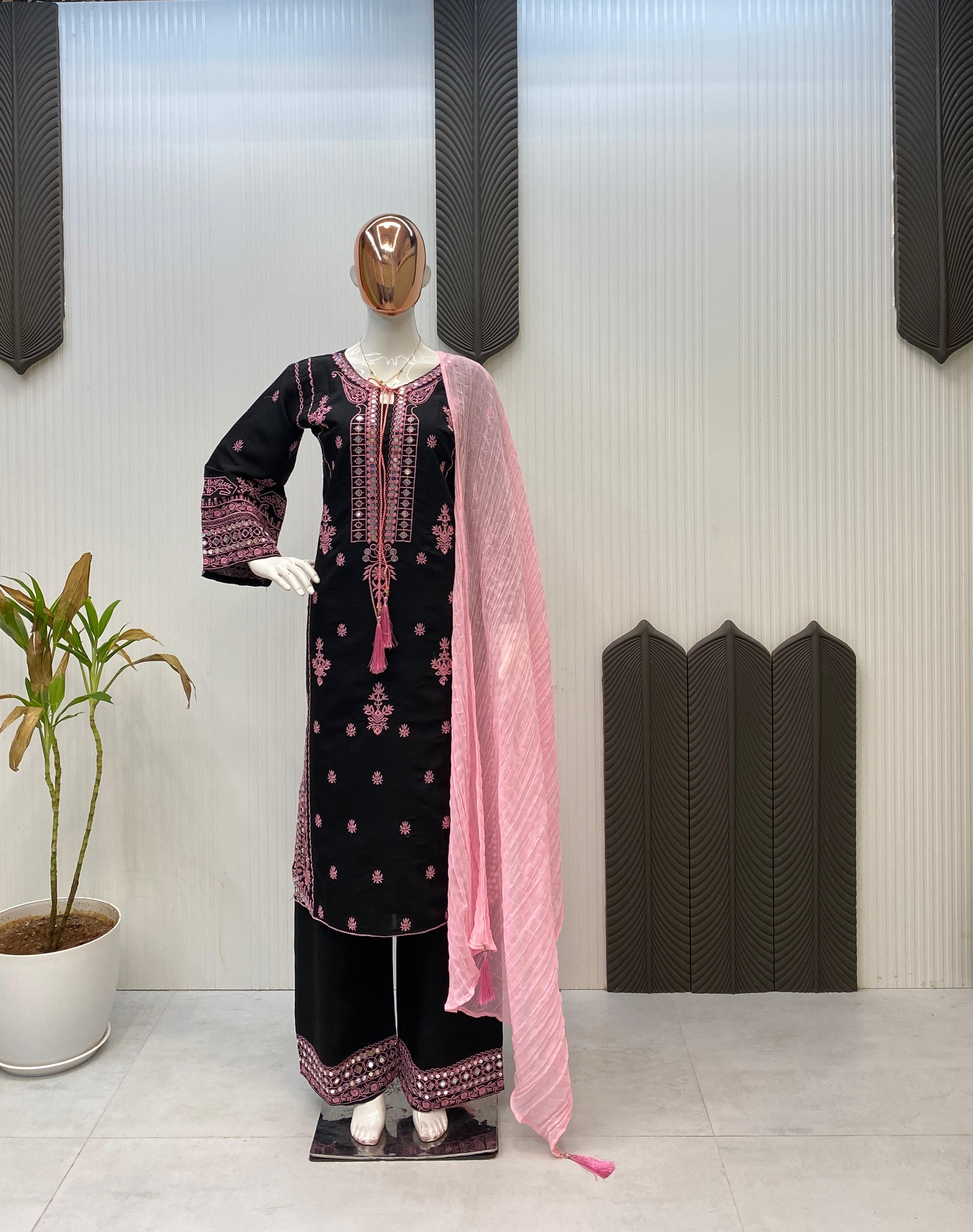 Black Roman Silk Embroidery Work Palazzo Suit