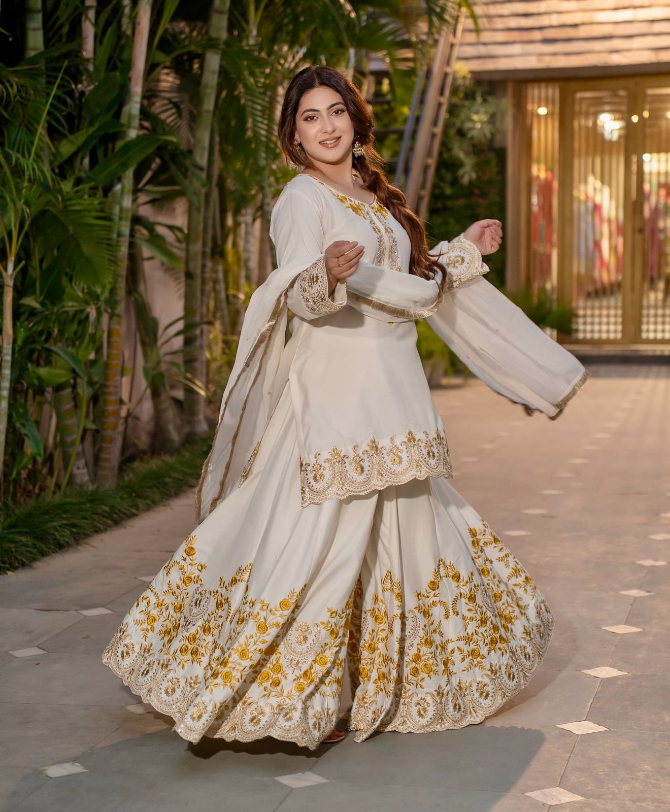 Festive Wear Embroidery Work White Color Sharara Suit
