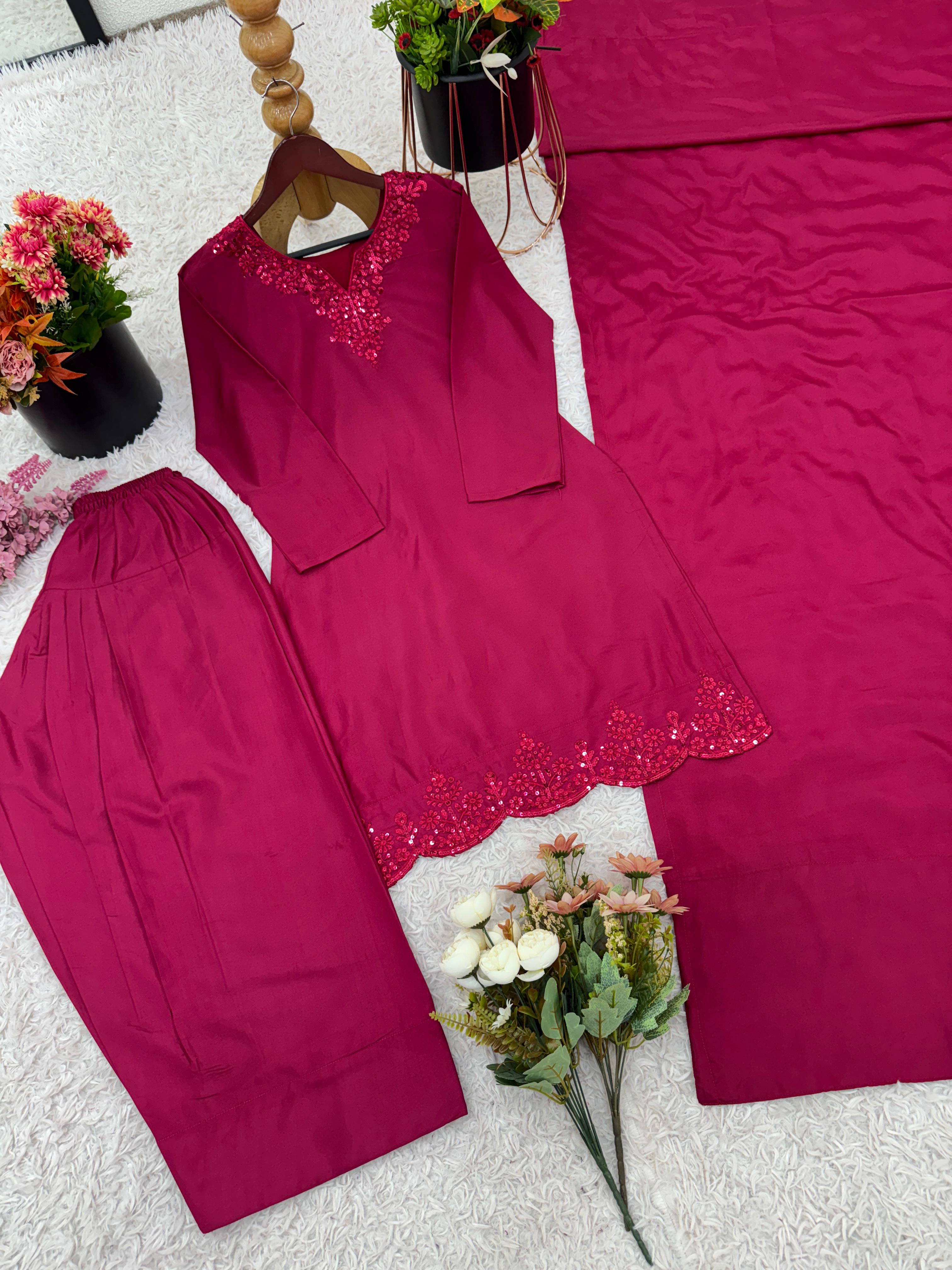 Pink Color Sequence Work Palazzo Suit