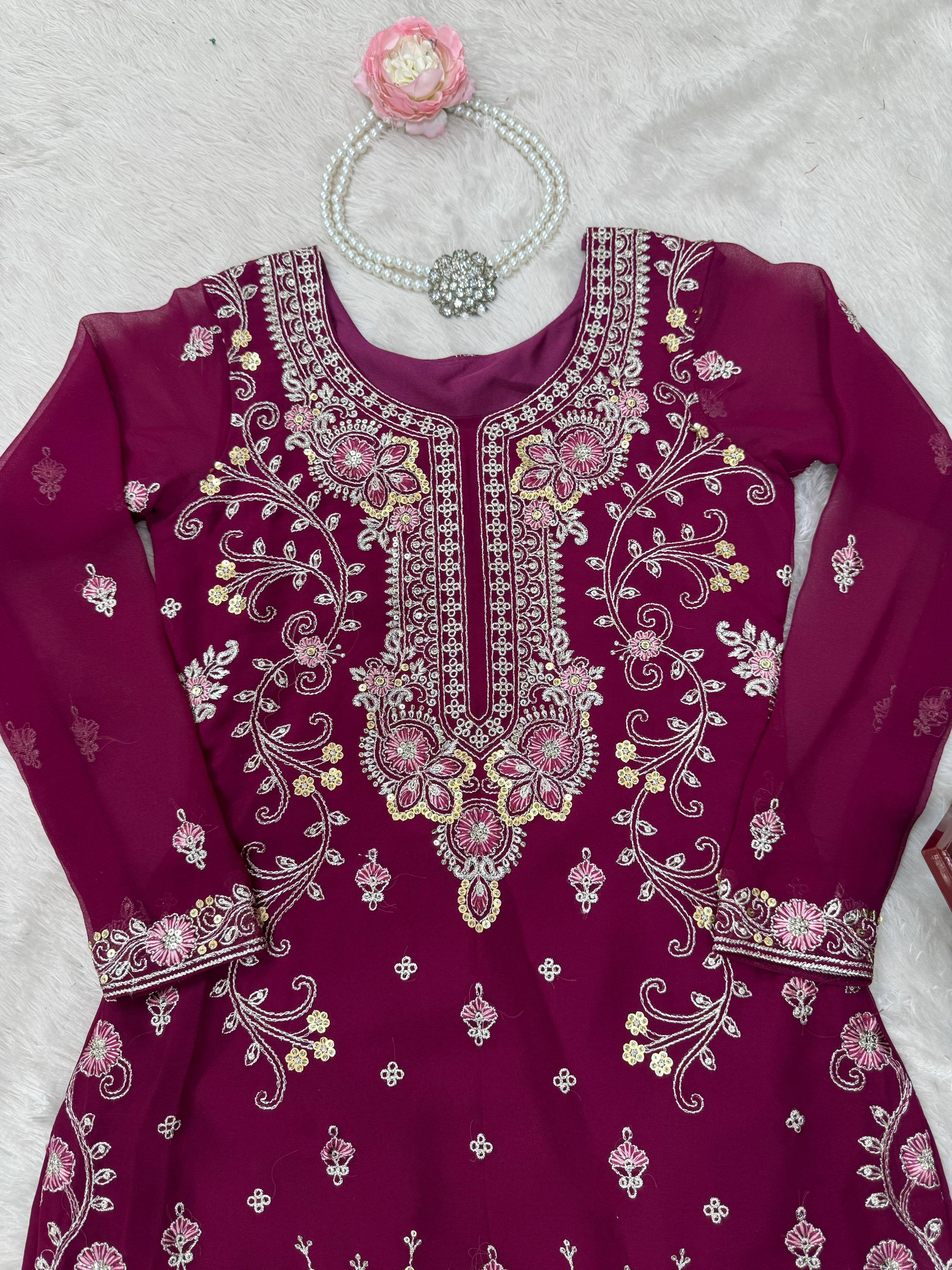 Eyes Catching Georgette Wine Color Sharara Suit