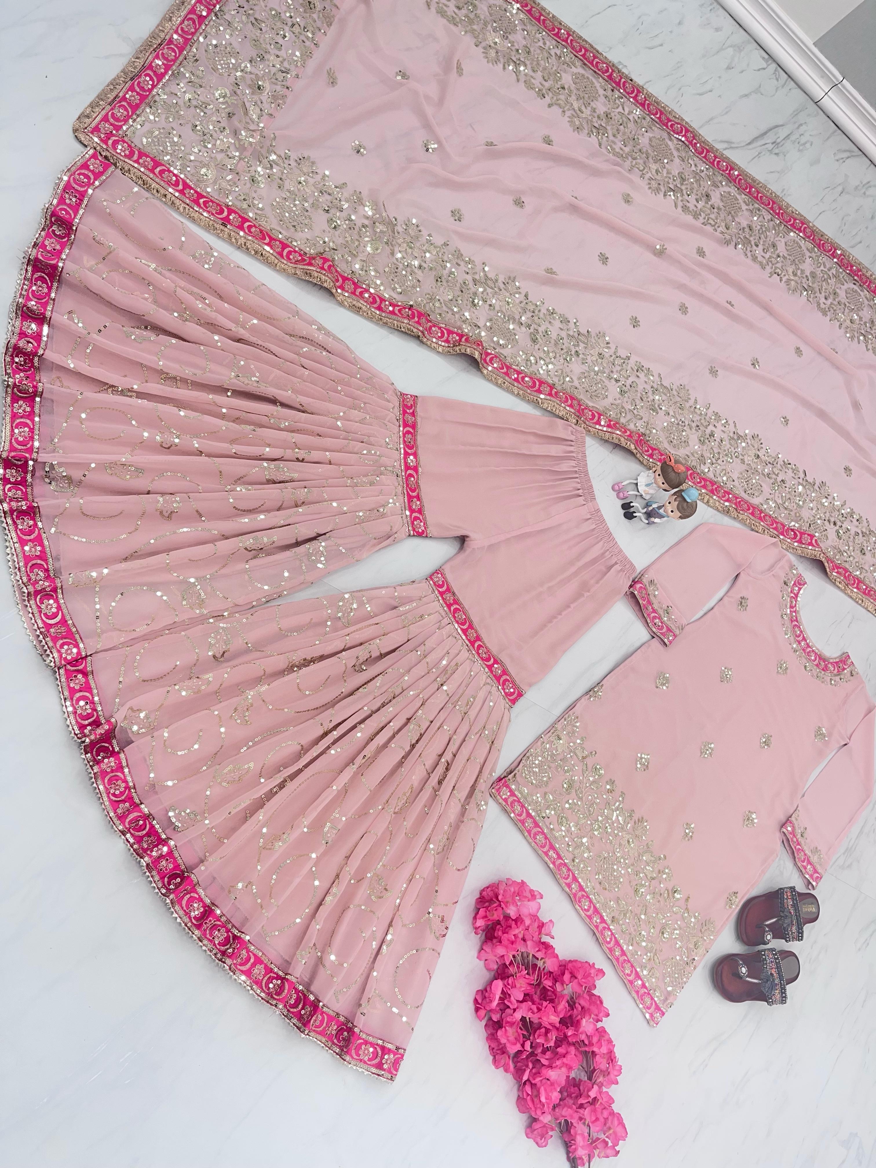 Festive Wear Sequence Work Pink Sharara Suit