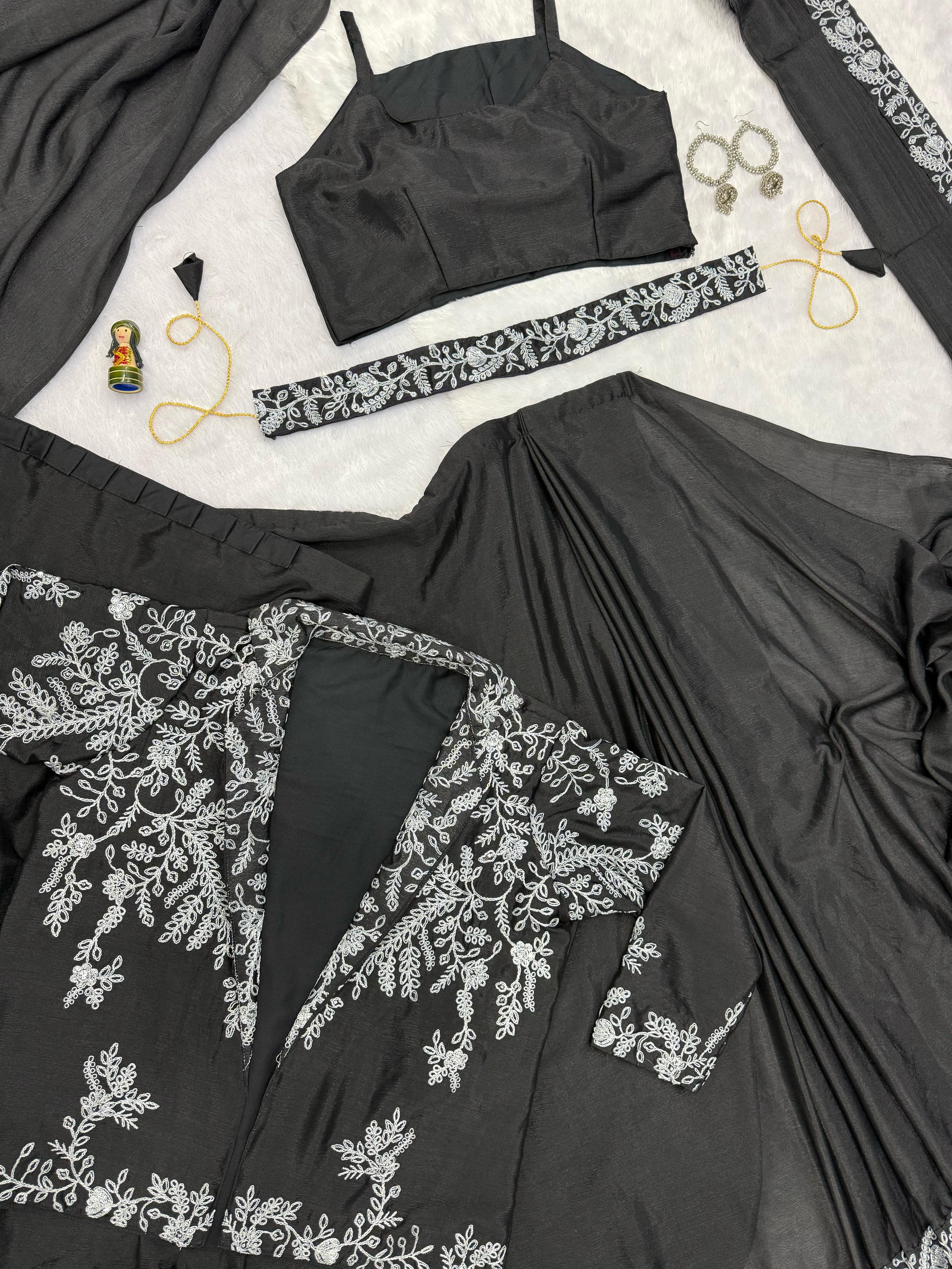 Designer Black Color Embroidery Work Saree With Koti