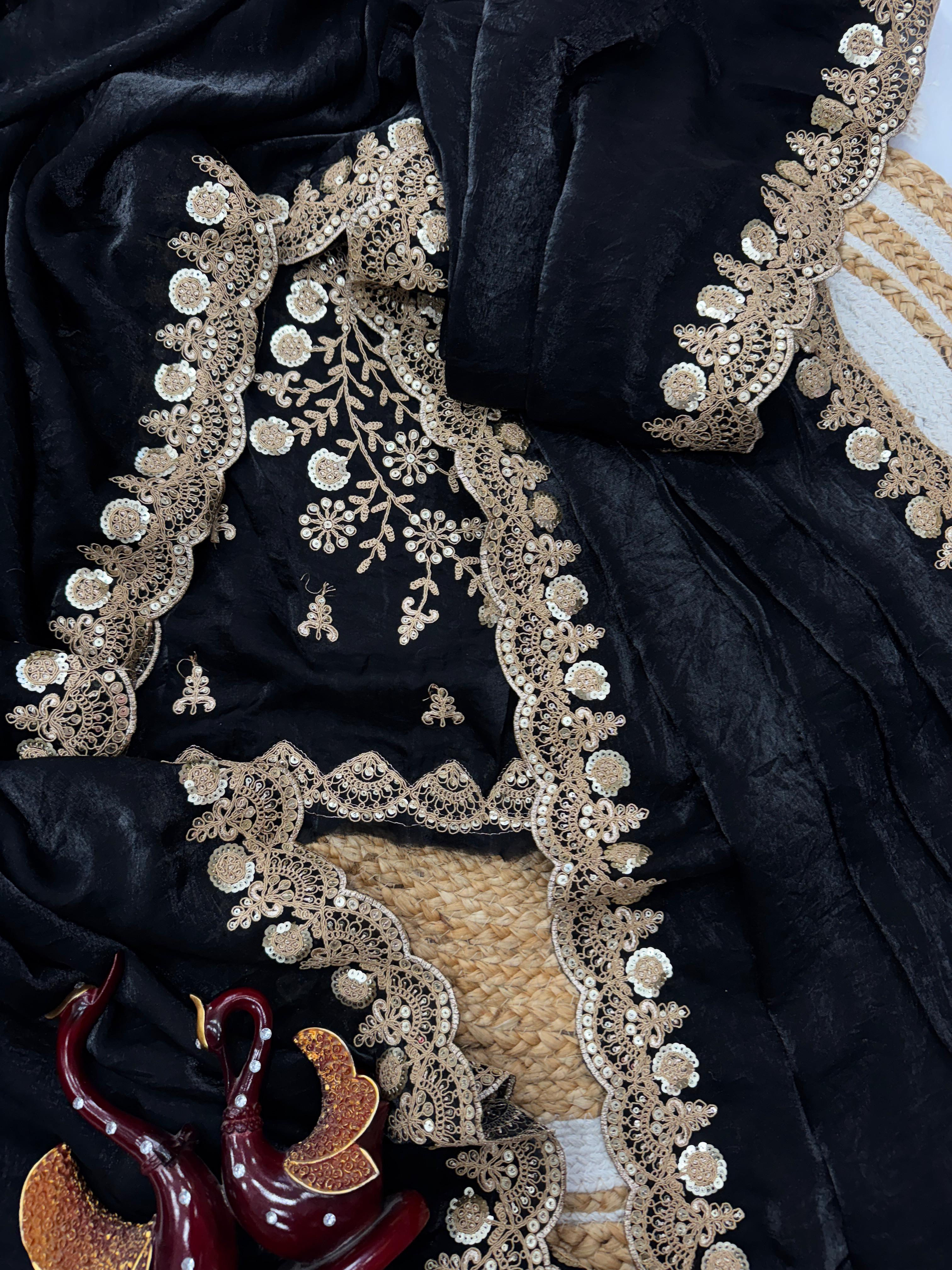 Black Color Sequence Work Silk Saree