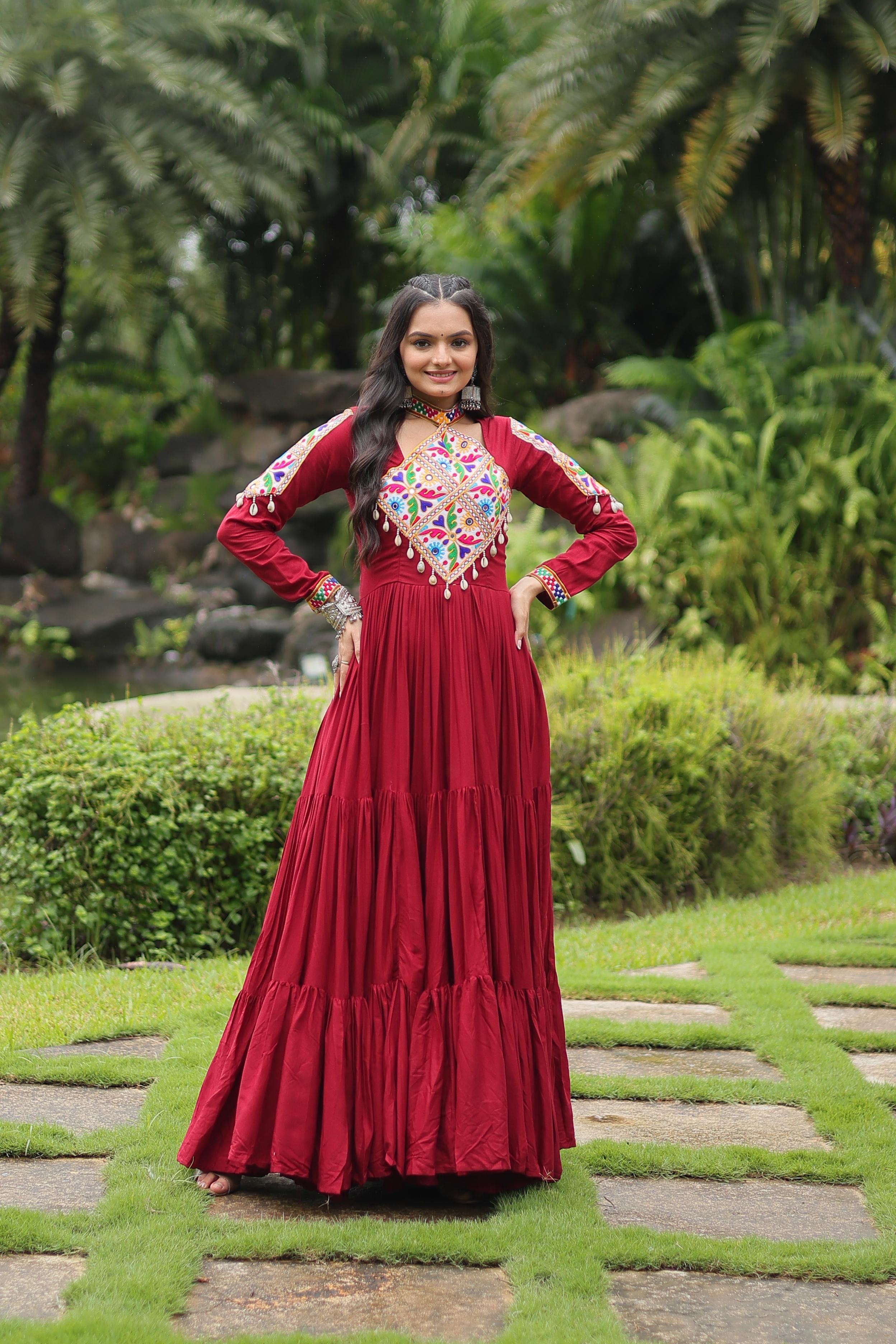 Garba Special Kutchi Gamthi Work Maroon Color Gown