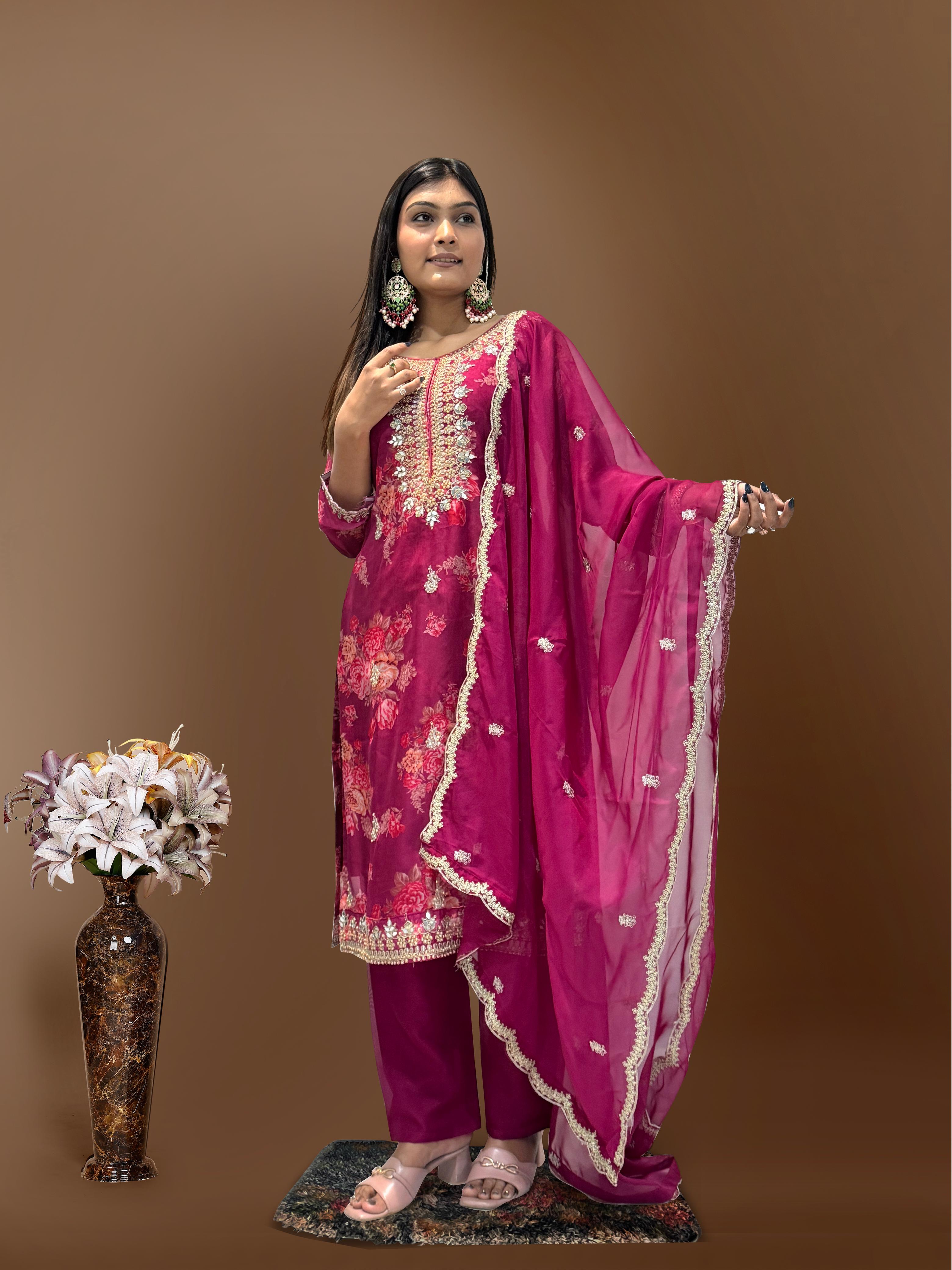 Flattering Sequence Heavy Stone Mirror Hand Work Wine Color Palazzo Suit