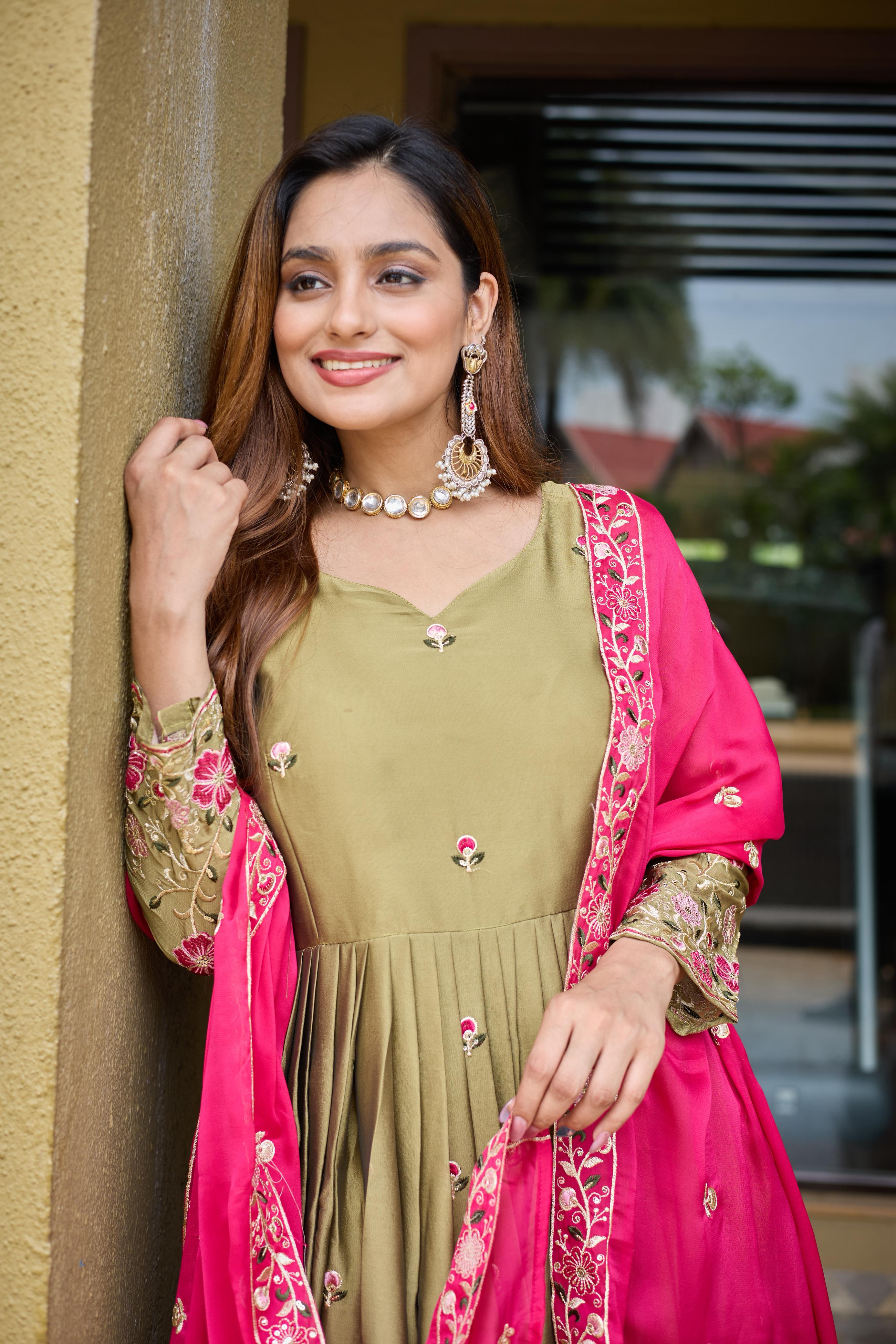 Rangoli Silk Mehndi Color Gown With Pink Dupatta