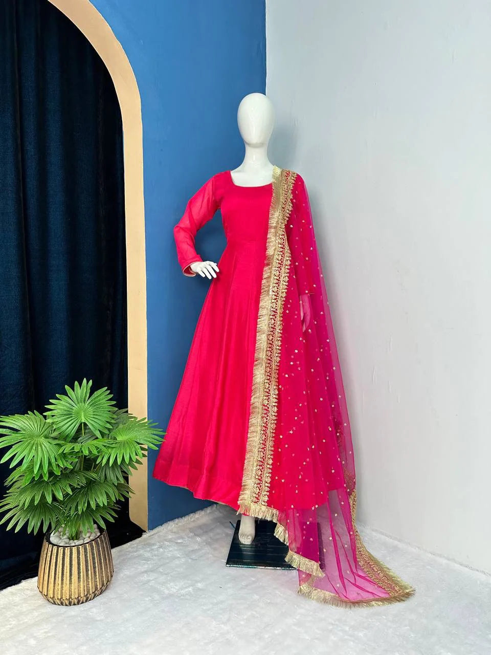 Elegant  Pink Color Plain Gown With Work Net Dupatta