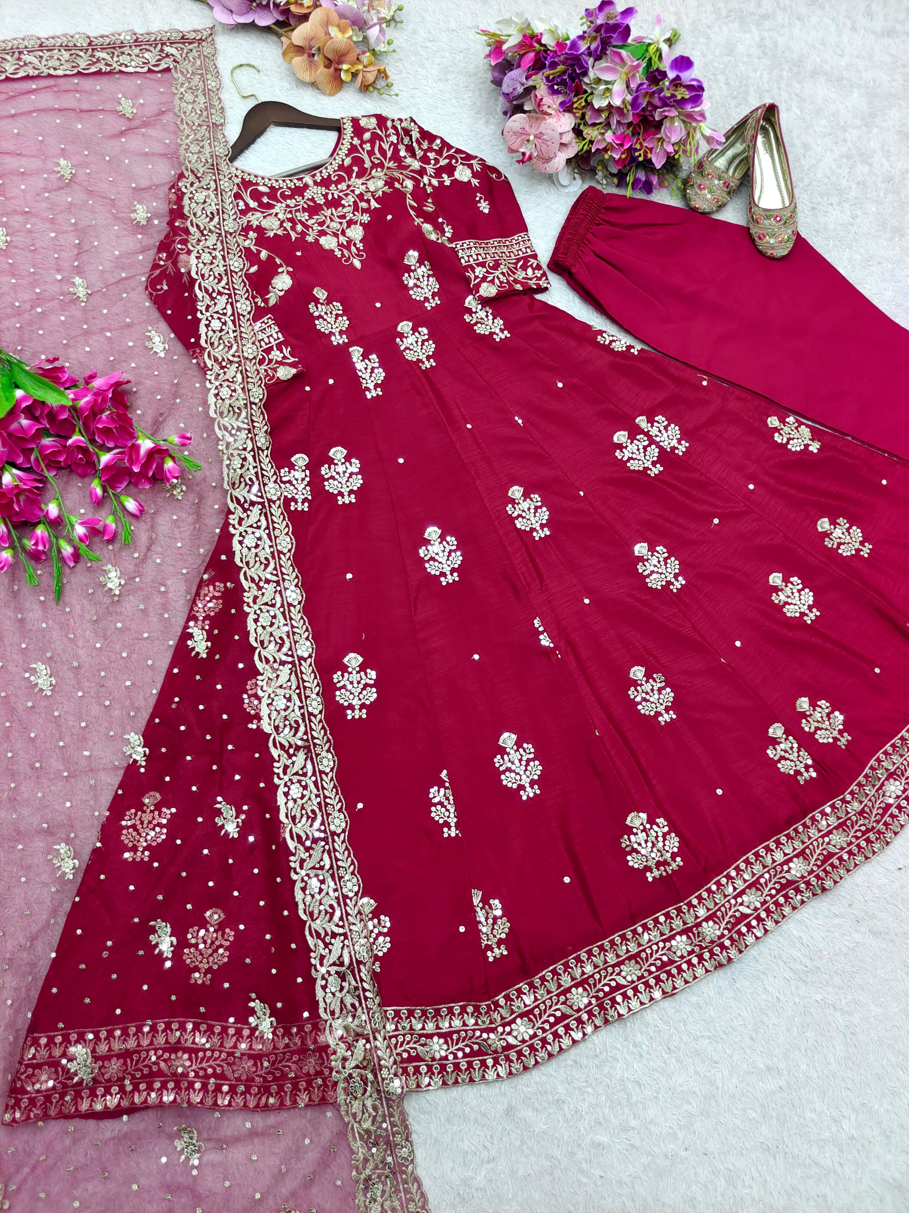 Awesome Pink Color Sequence Work Gown