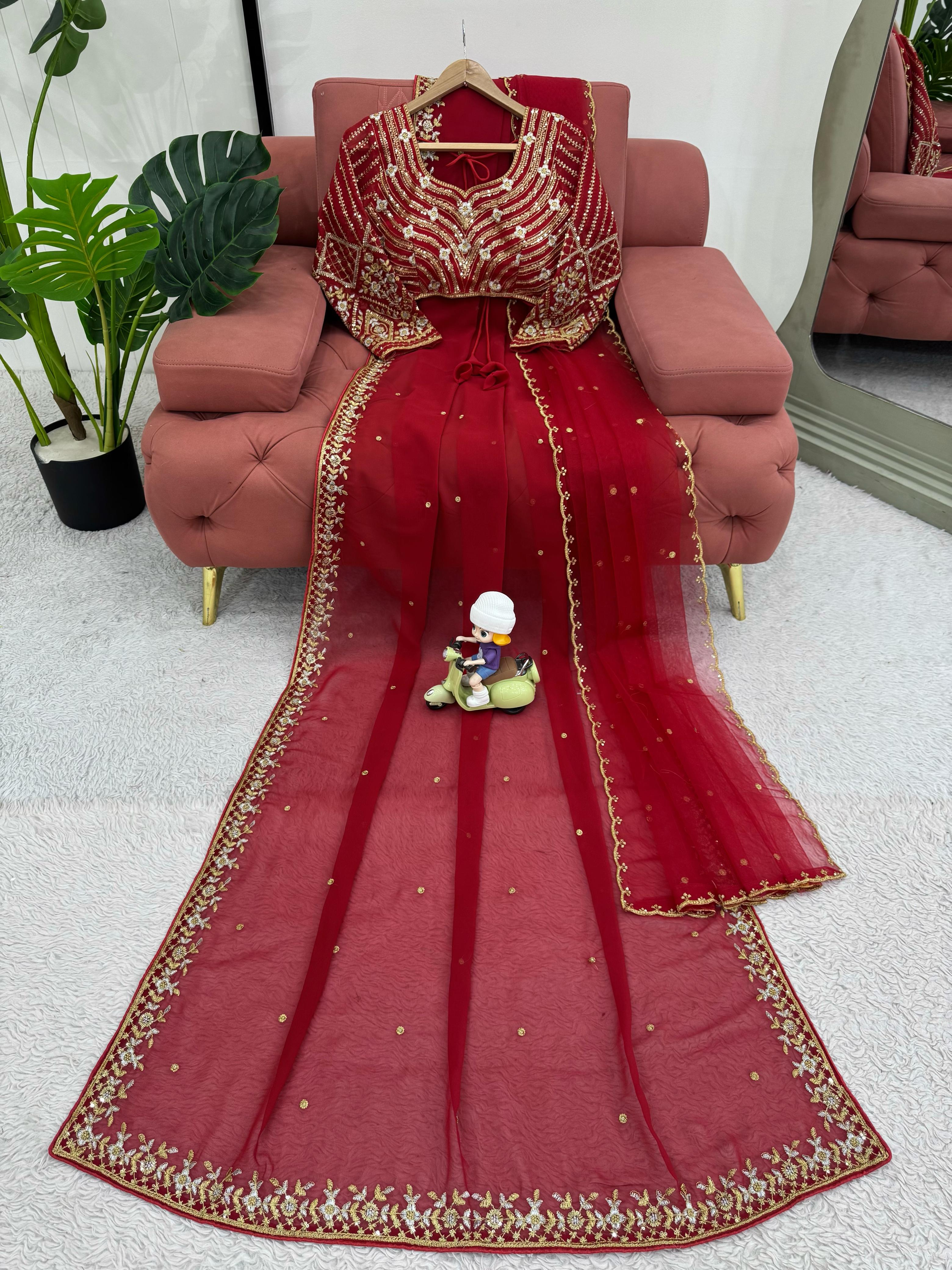 Awesome Heavy Work Red Color Saree