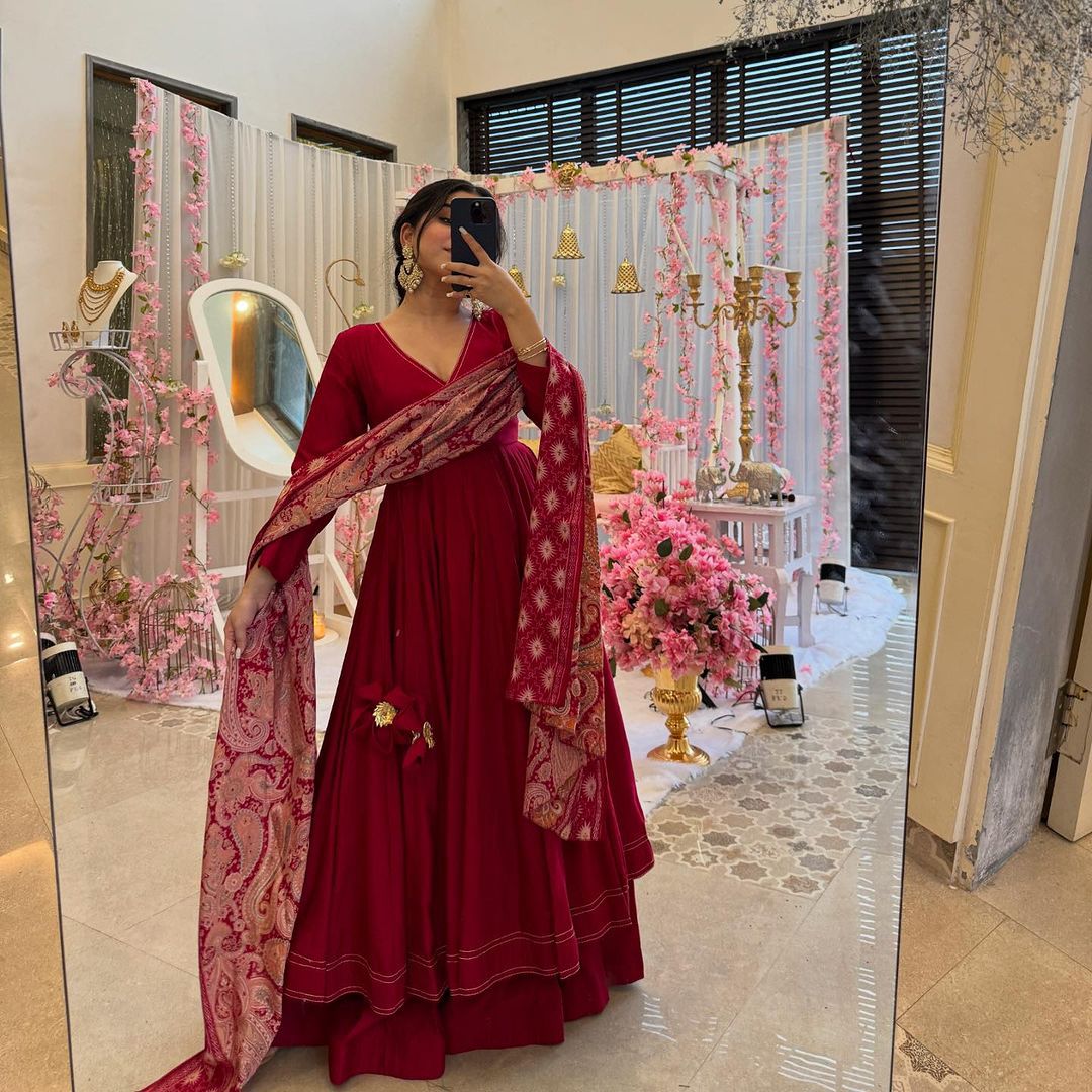 Red Color Fully Stitched Huge Flair Anarkali Gown