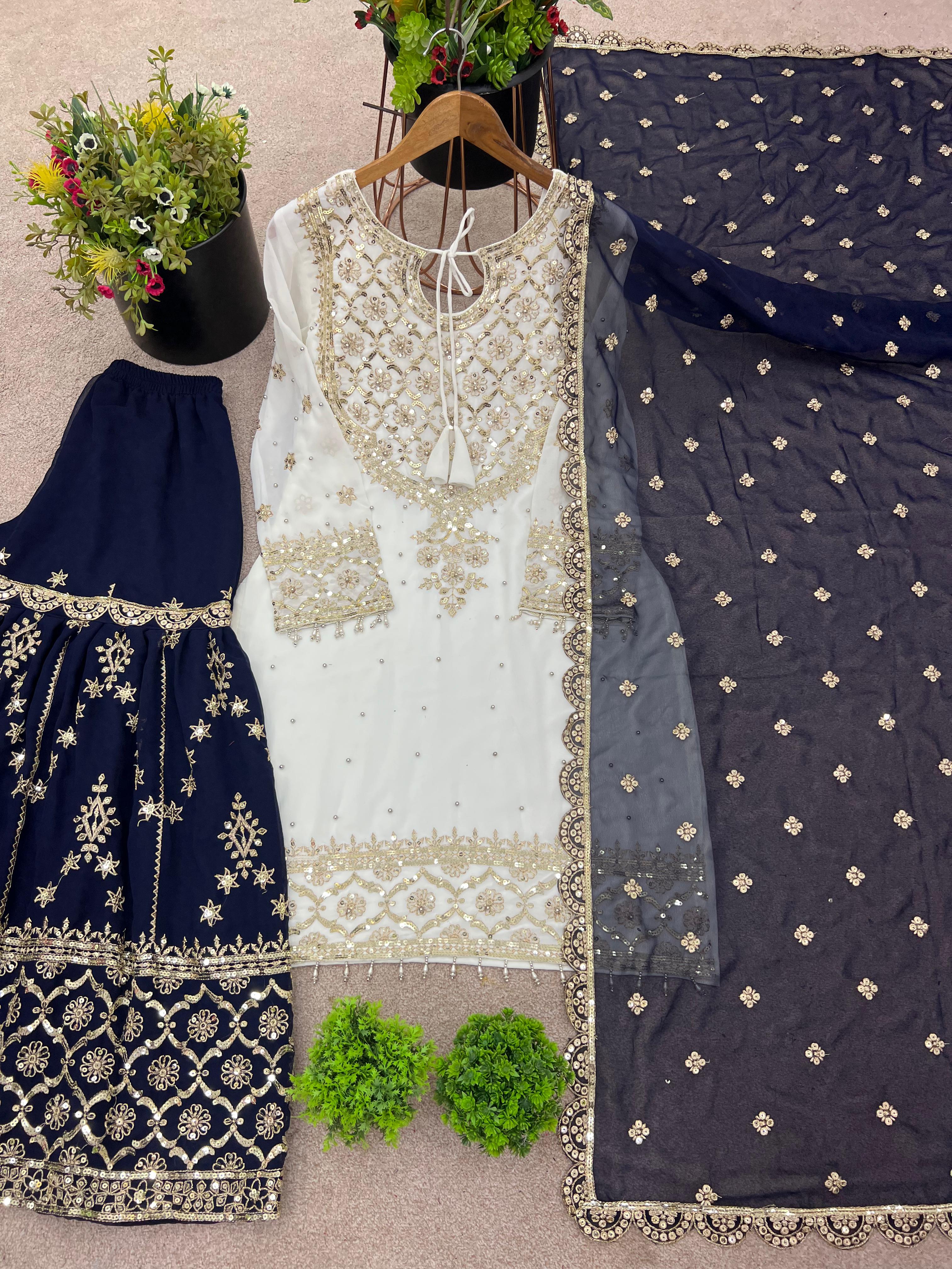 Fabulous Heavy Work White Color Suit With Navy Blue Sharara