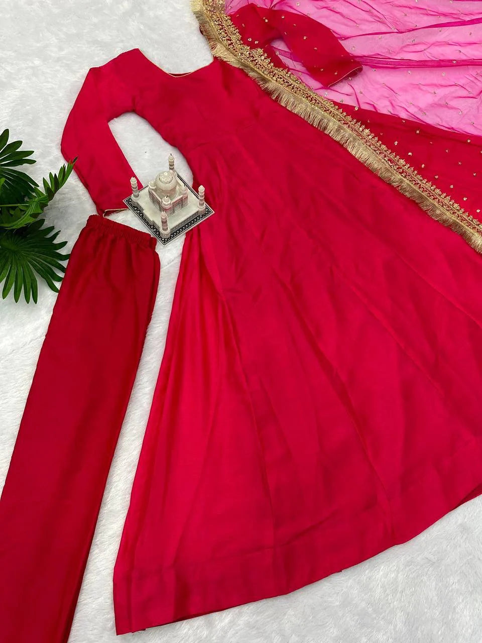 Elegant  Pink Color Plain Gown With Work Net Dupatta