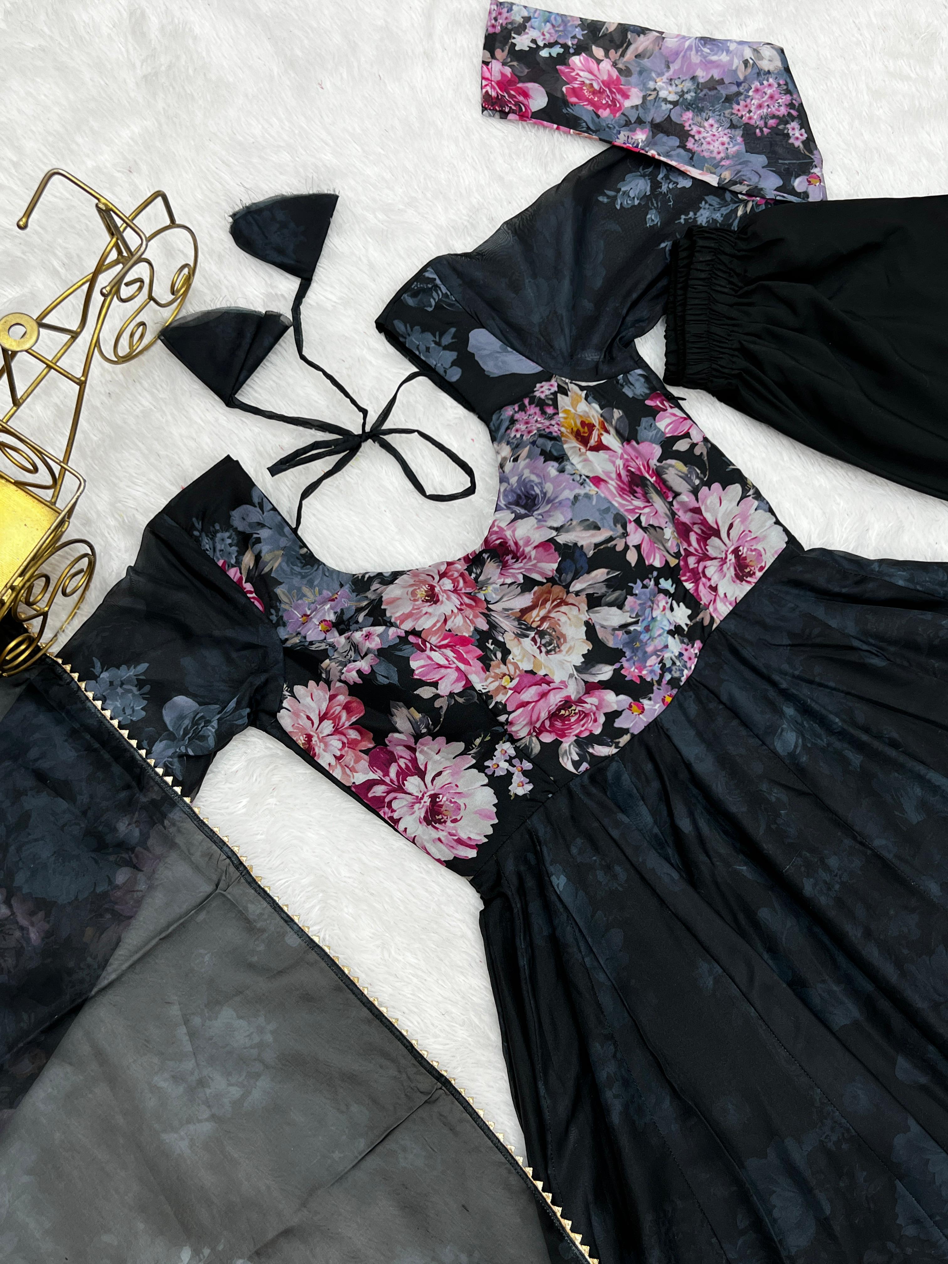 Casual Wear Multi Flower Print Black Color Anarkali Suit