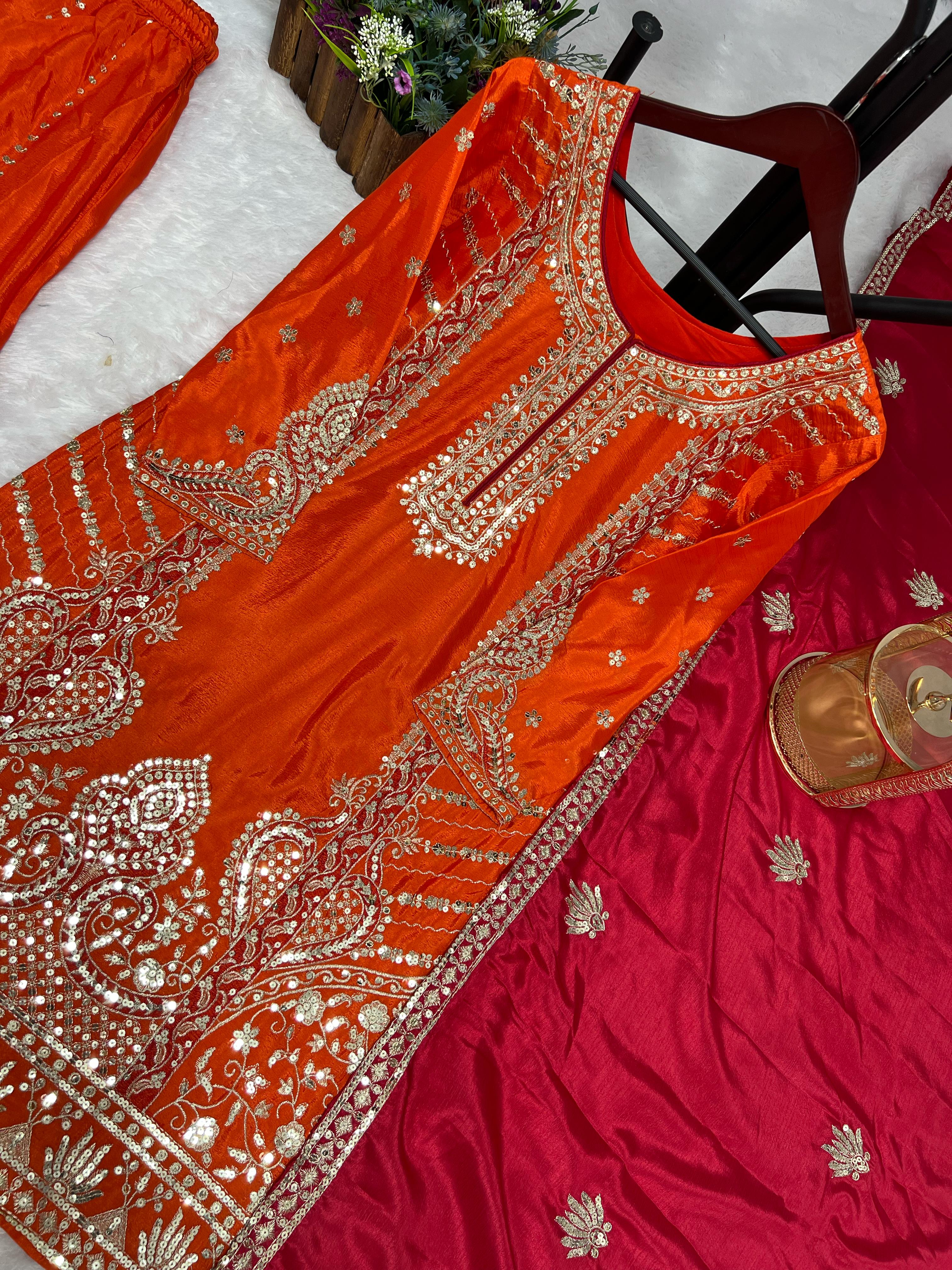 Glossy Orange Color Chinon Silk Palazzo With Dupatta Set