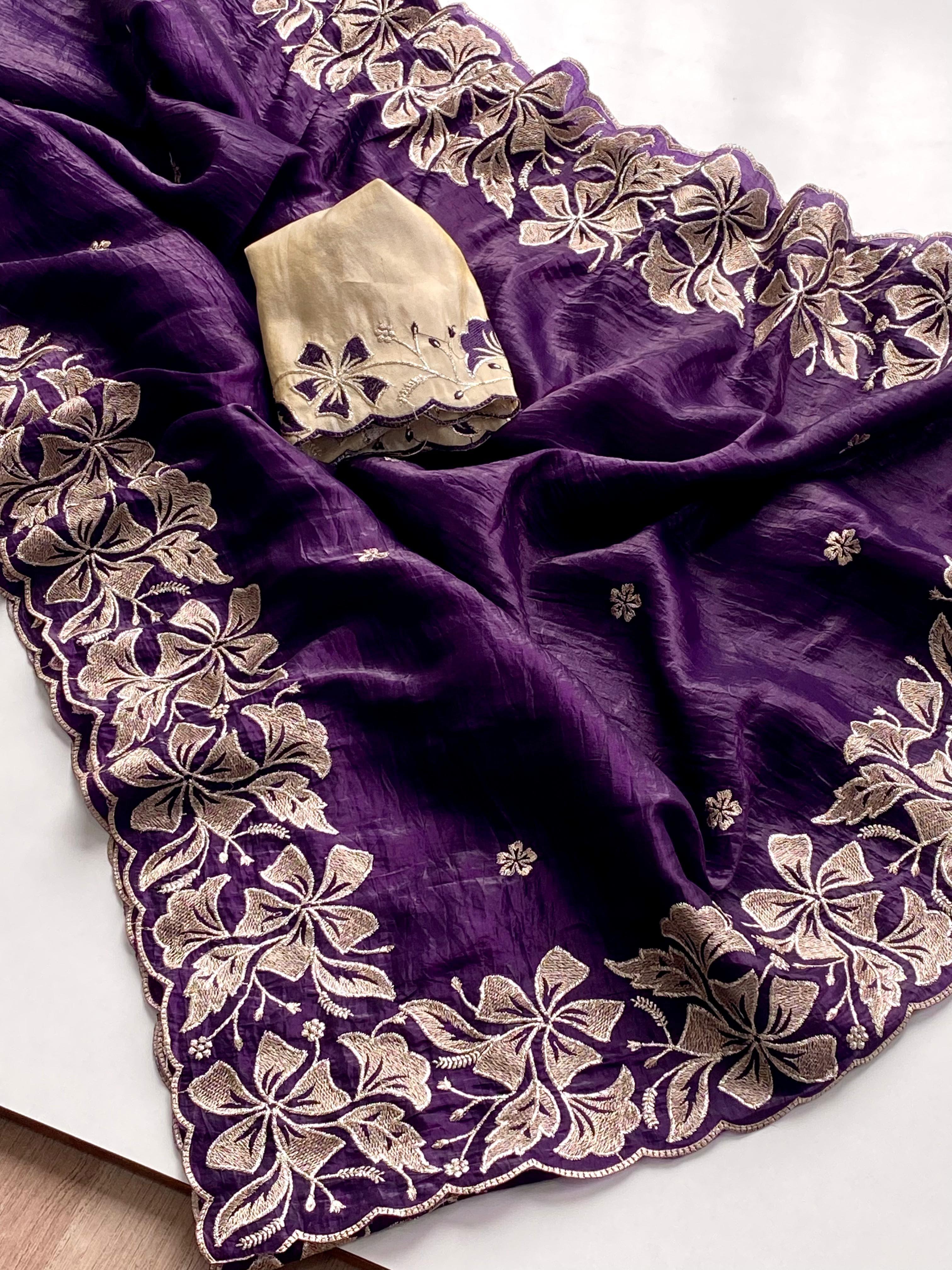 Traditional Wear Flower Border Purple Color Saree