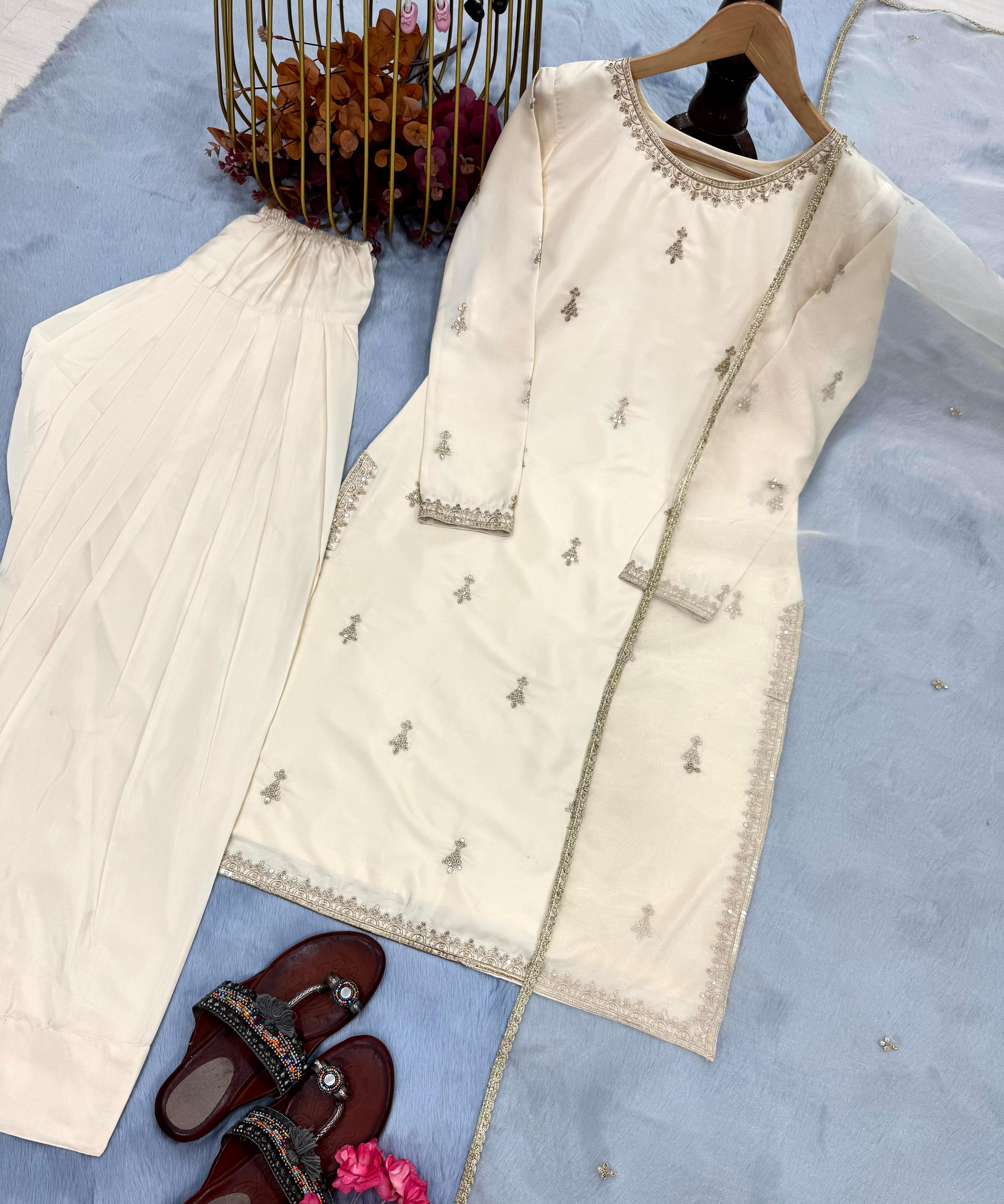 Delightful Embroidery Work Cream Color Palazzo Suit
