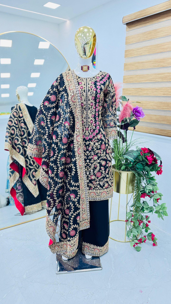 Demanding Navy Blue Color Sequence Work Palazzo Suit