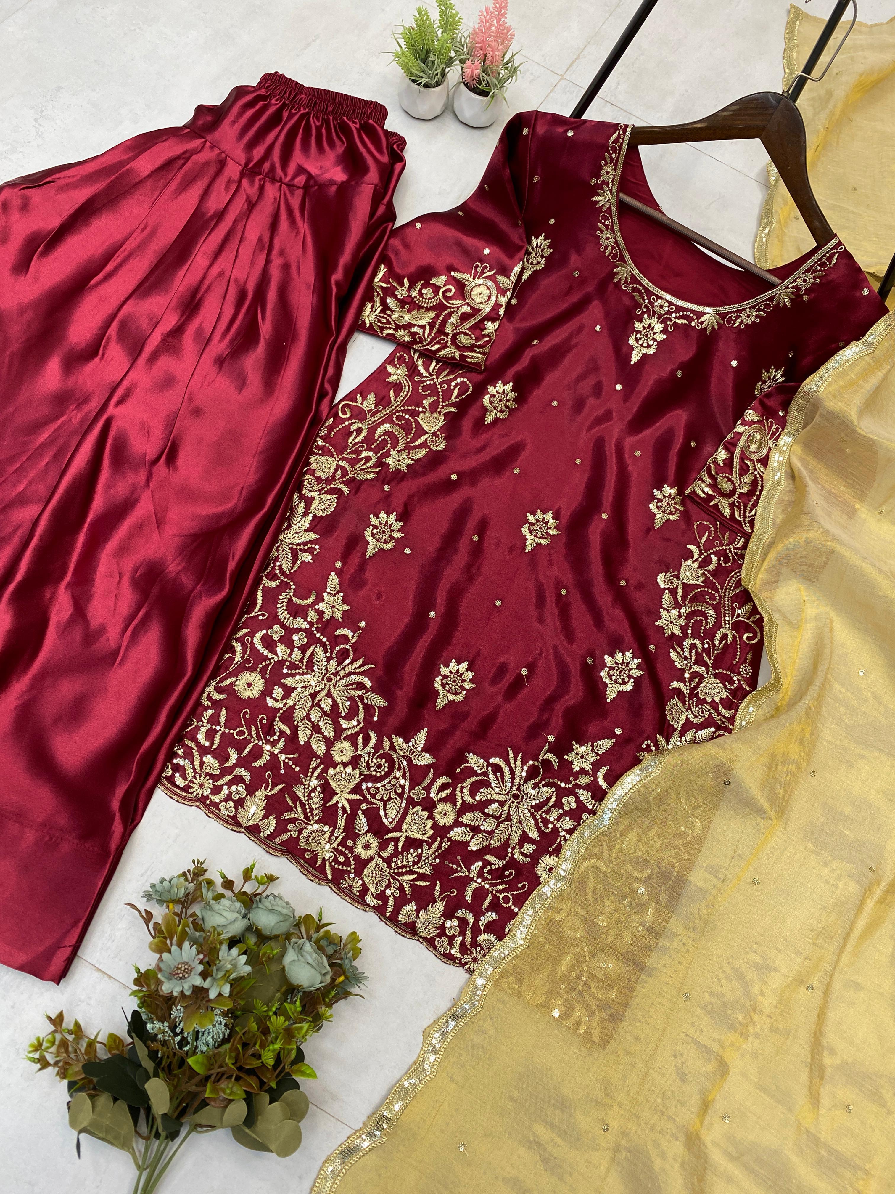 Stylish Maroon Satin Sequence Work Salwar Suit