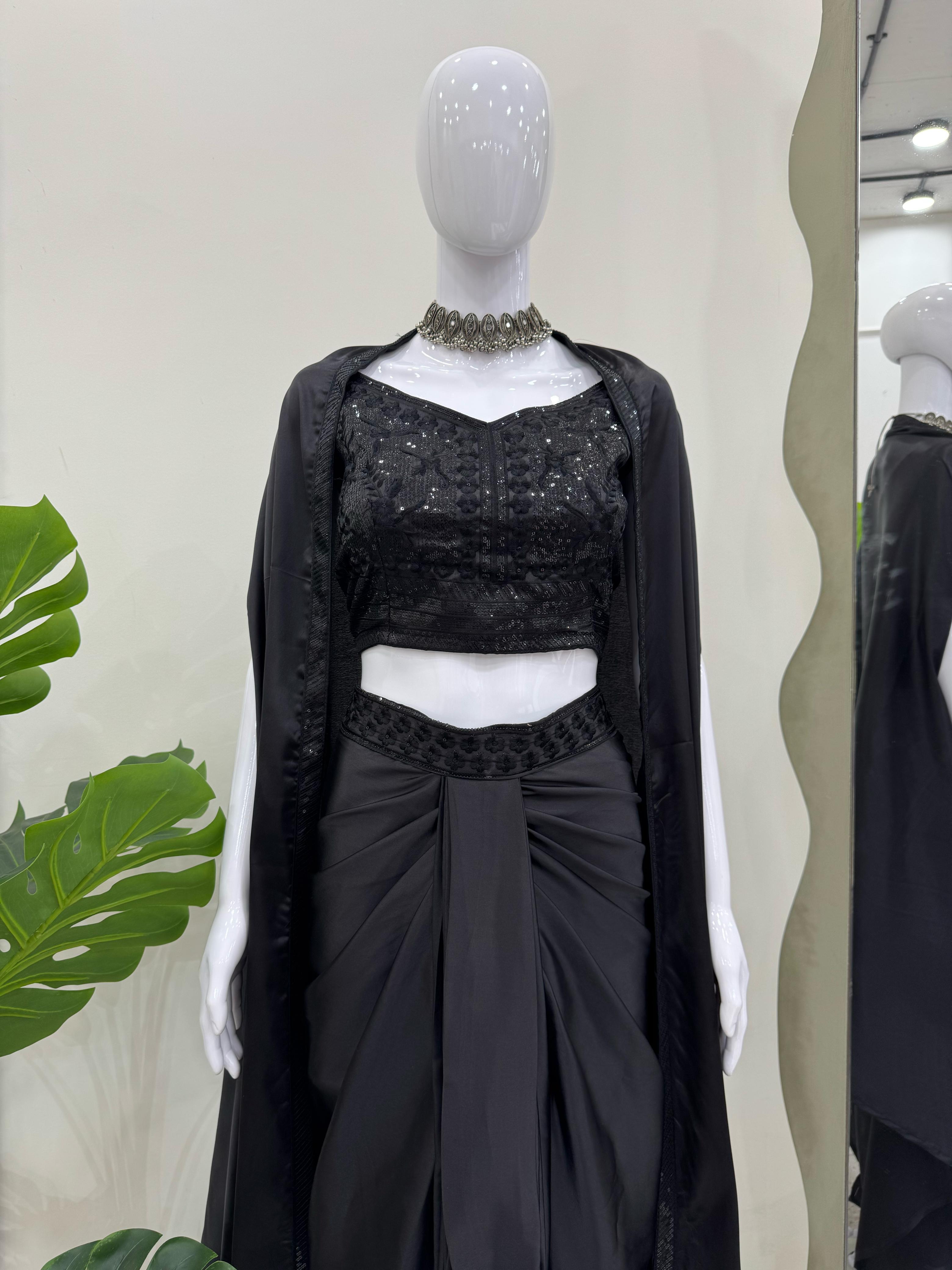 Blissful Black Color Dhoti Suit With Shrug