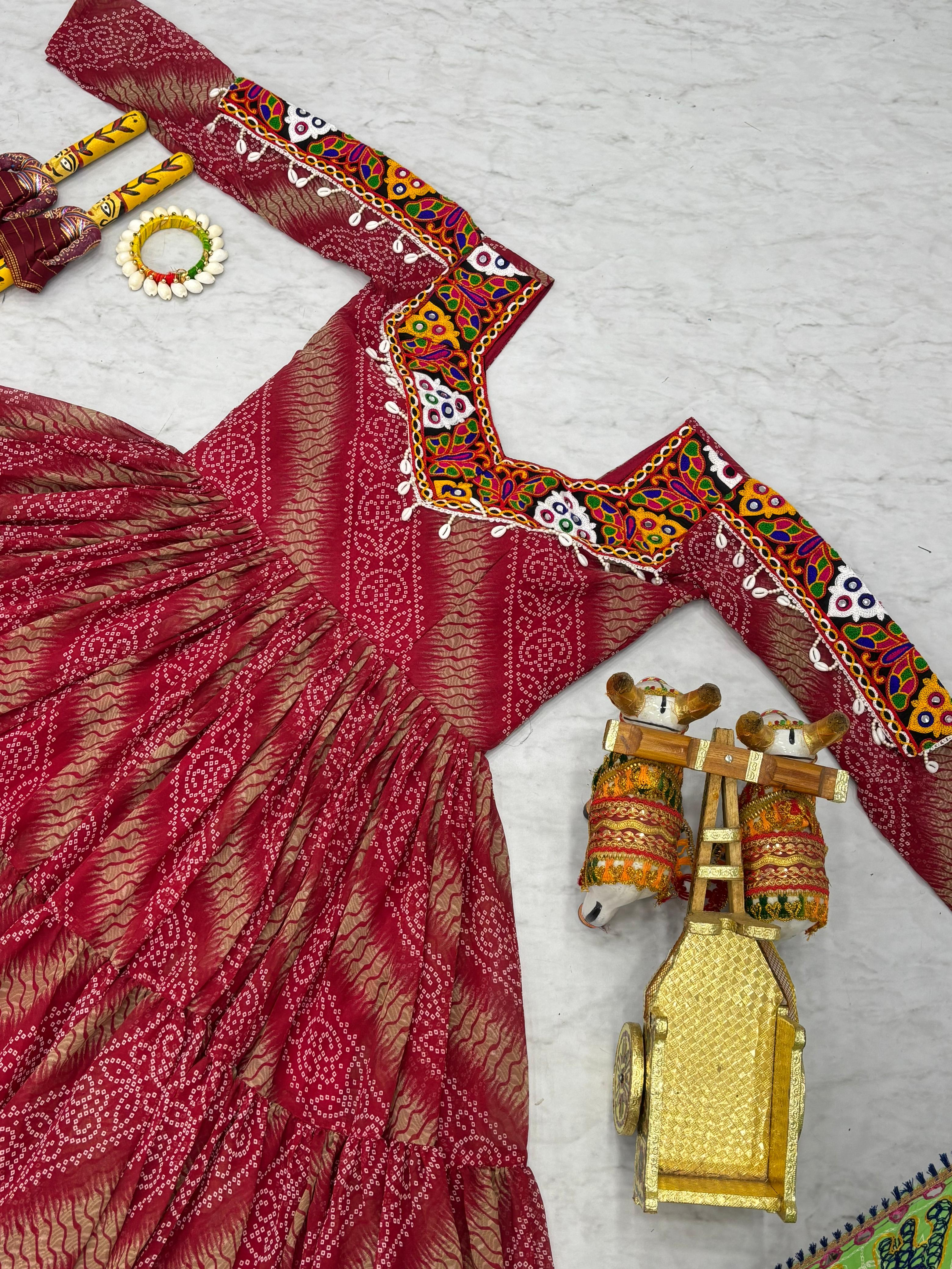 Designer Bandhani Printed Red Color Navratri Gown