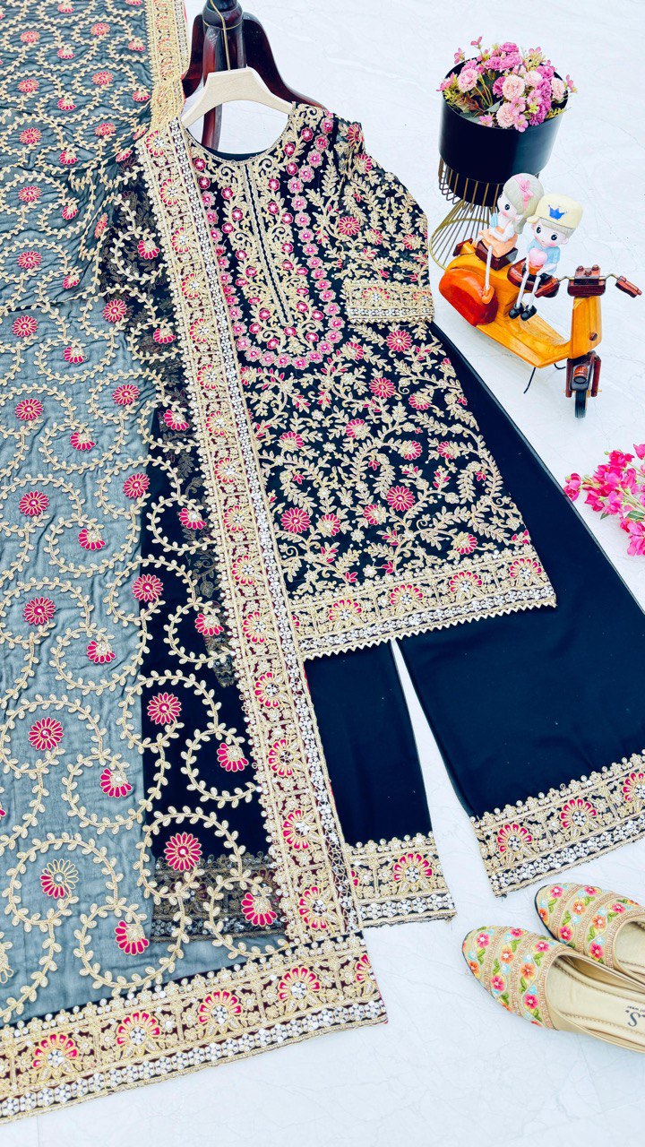 Demanding Navy Blue Color Sequence Work Palazzo Suit
