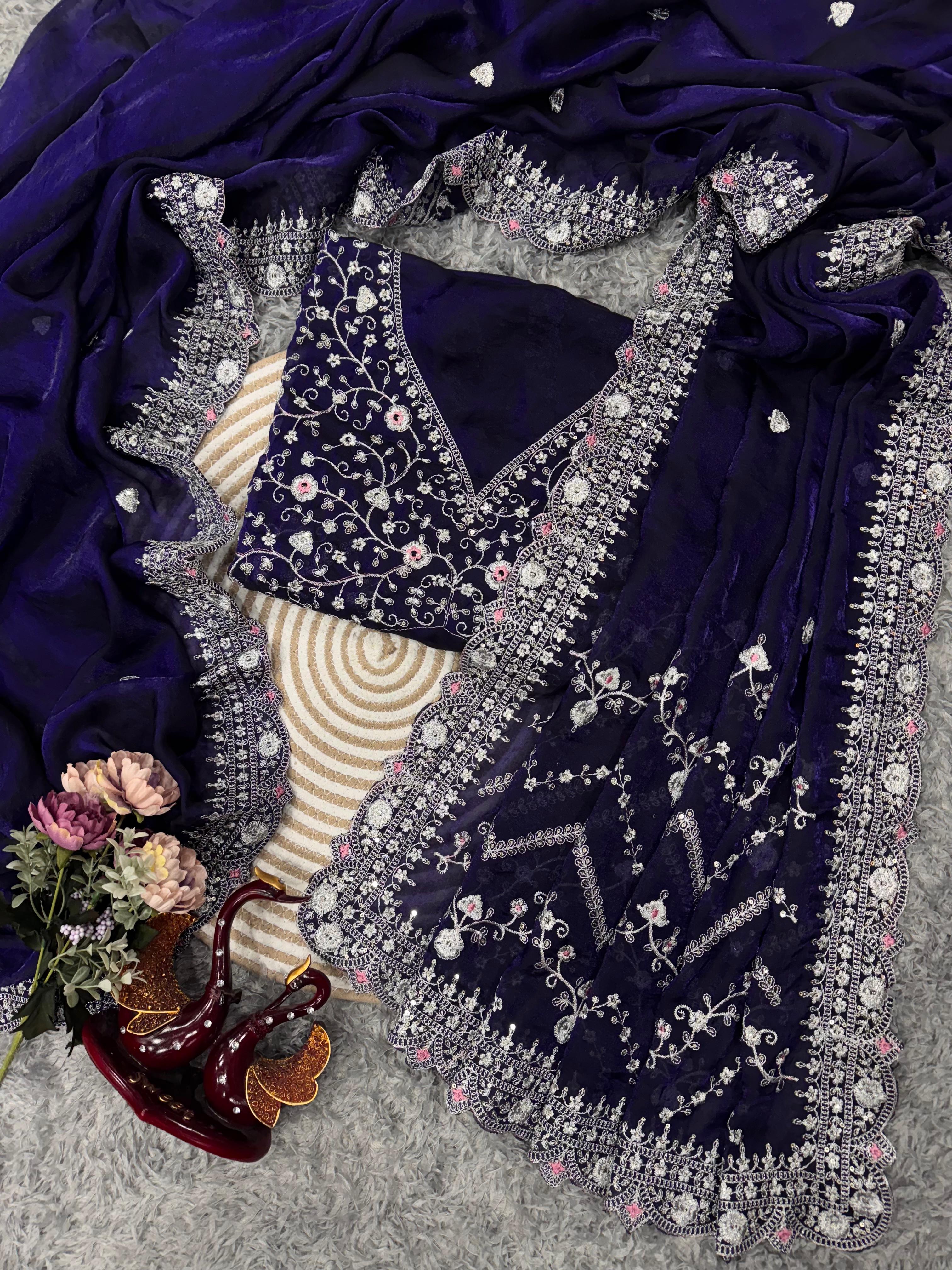 Marriage Special Heavy Work Navy Blue Color Saree