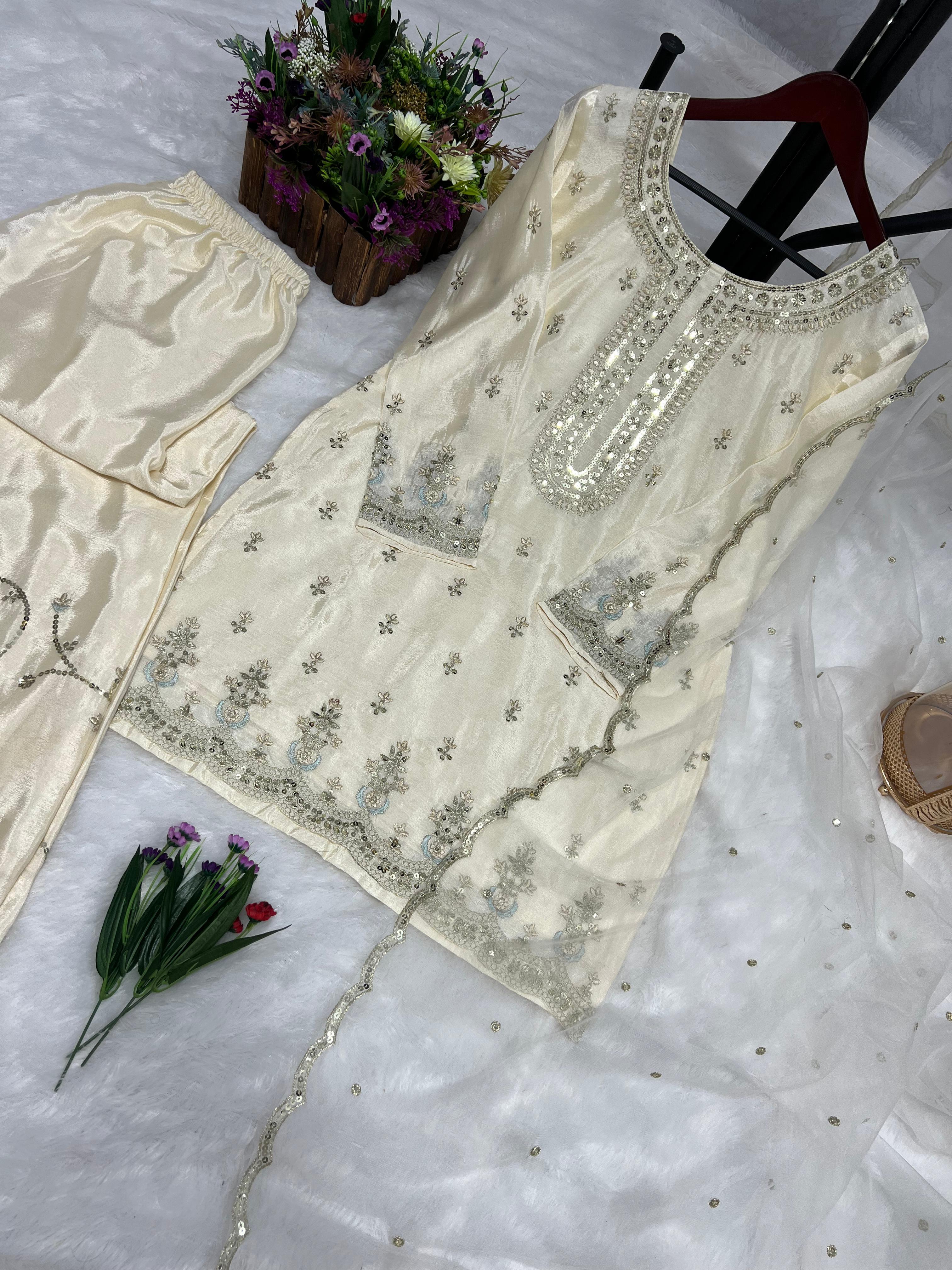Opulent Sequence Work Cream Color Sharara Suit