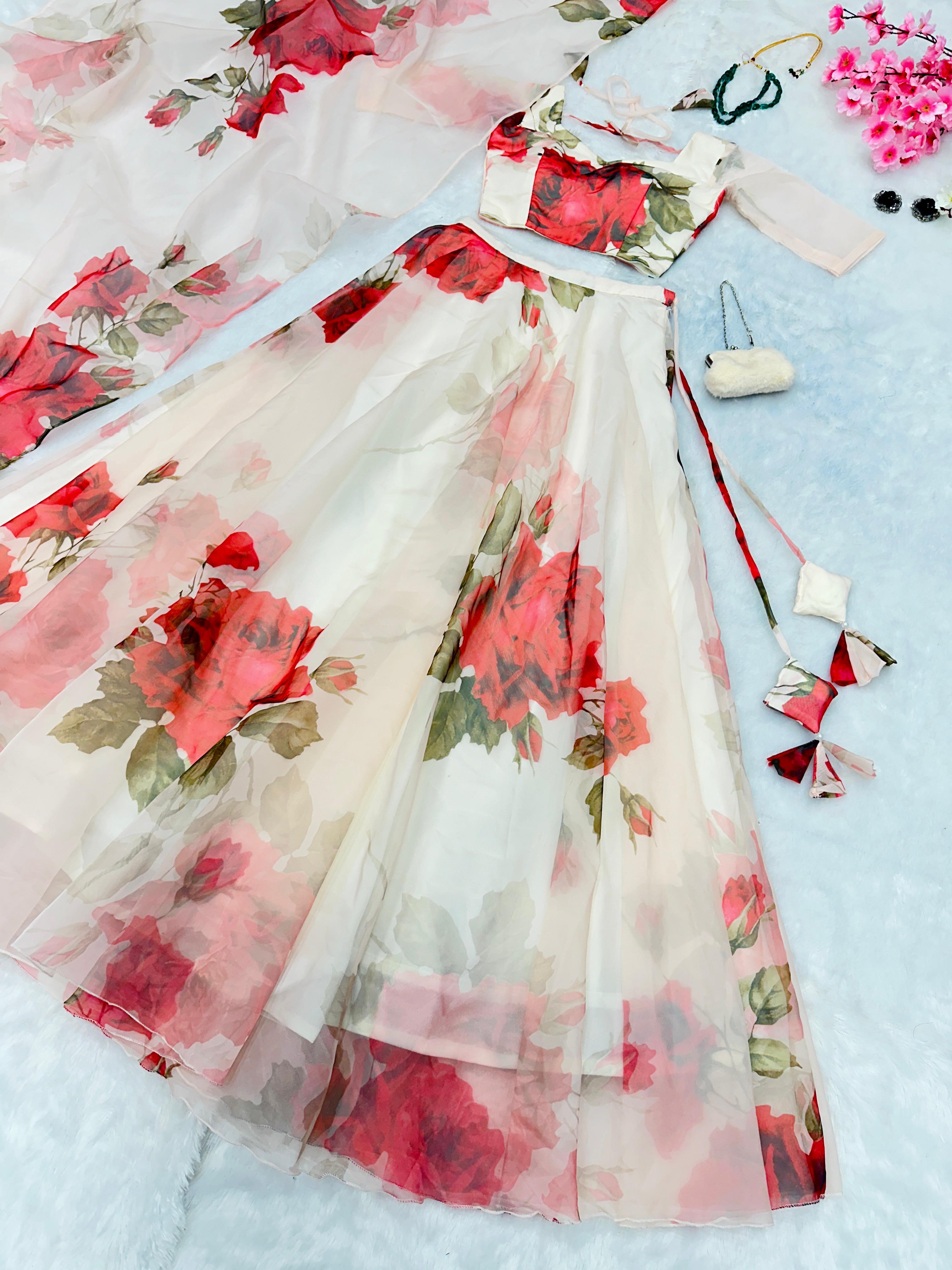 Beautiful White Color Organza Floral Printed Lehenga Choli