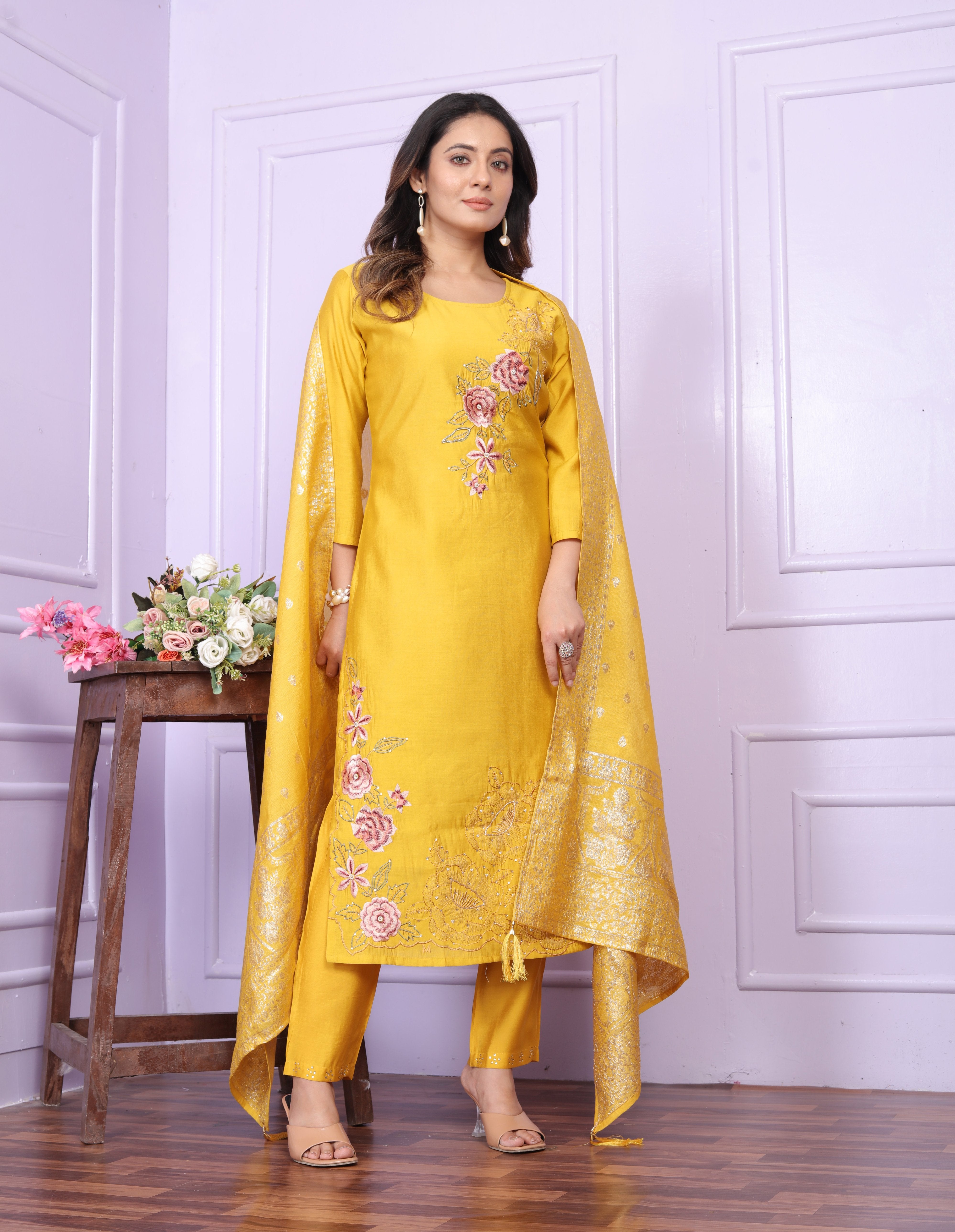 Elegant Yellow Russian Silk Salwar Suit With Banarasi Dupatta