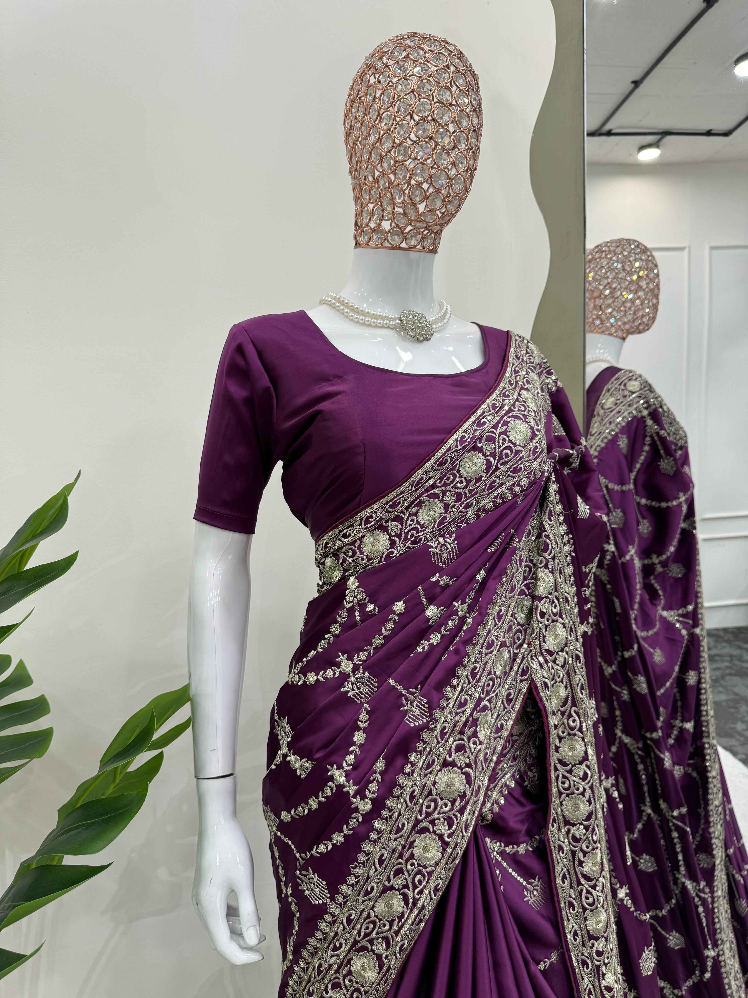 Superhit Satin Silk Wine Color Saree