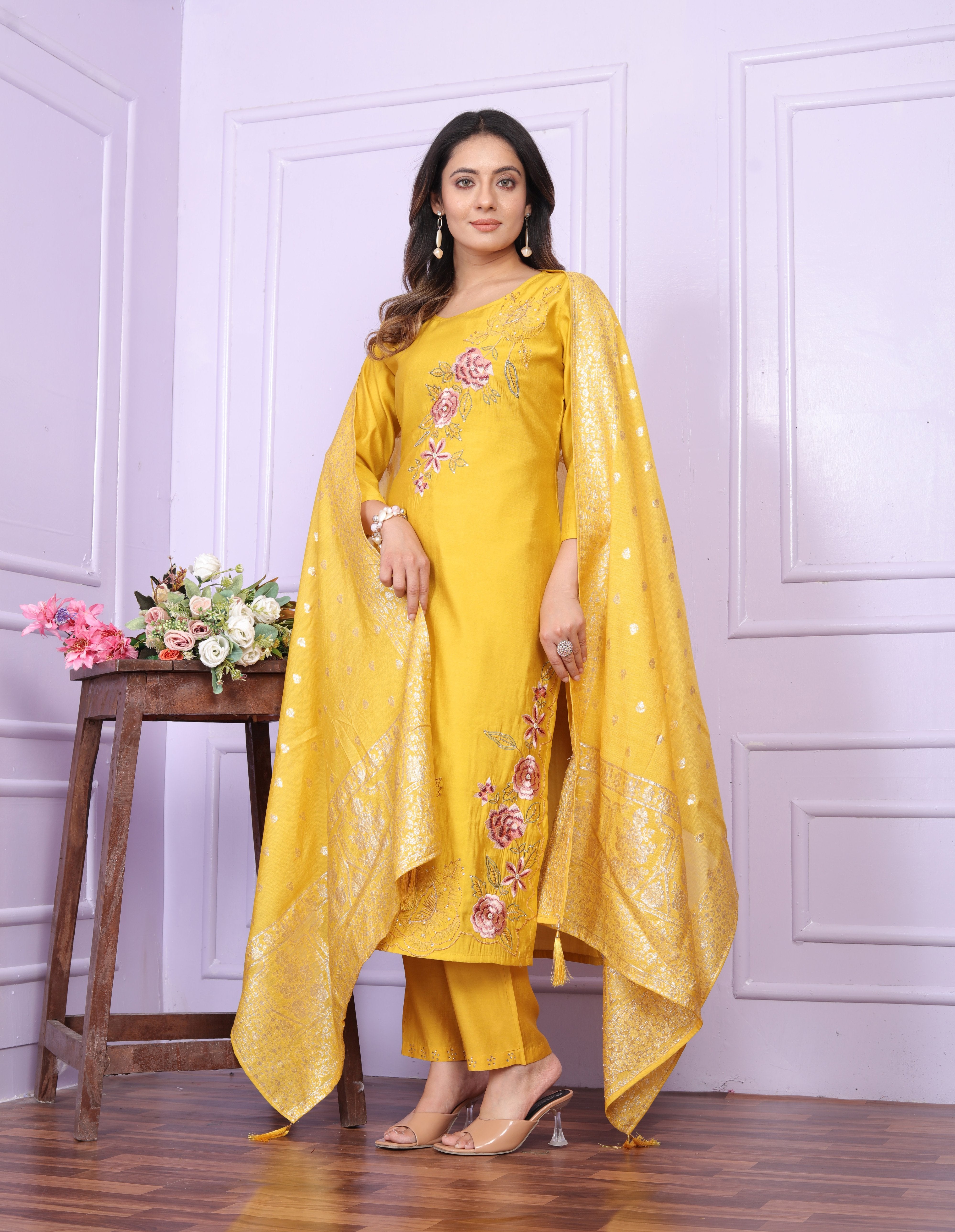 Elegant Yellow Russian Silk Salwar Suit With Banarasi Dupatta