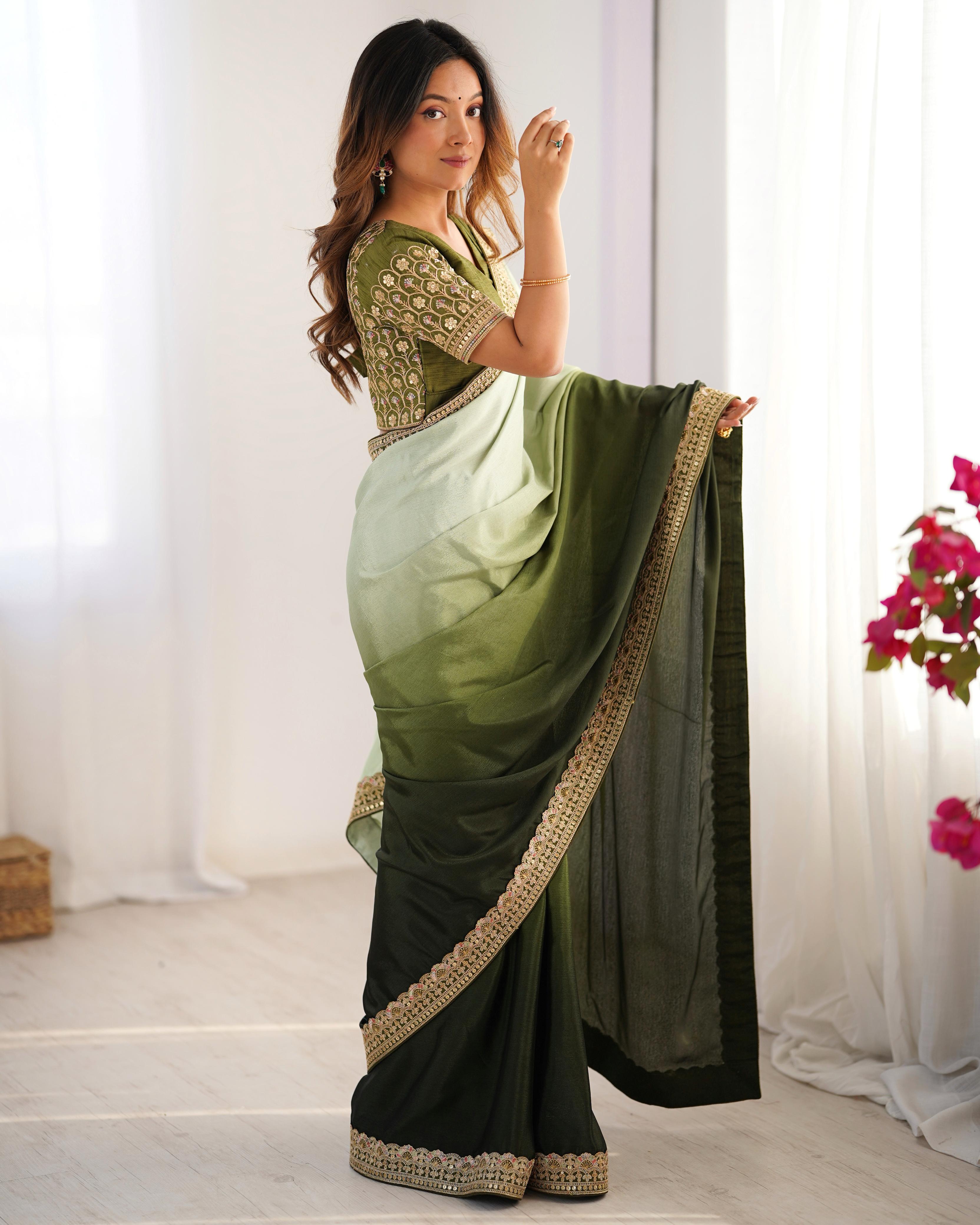 Beautiful Sequence Lace work Mehndi Double Shaded Saree