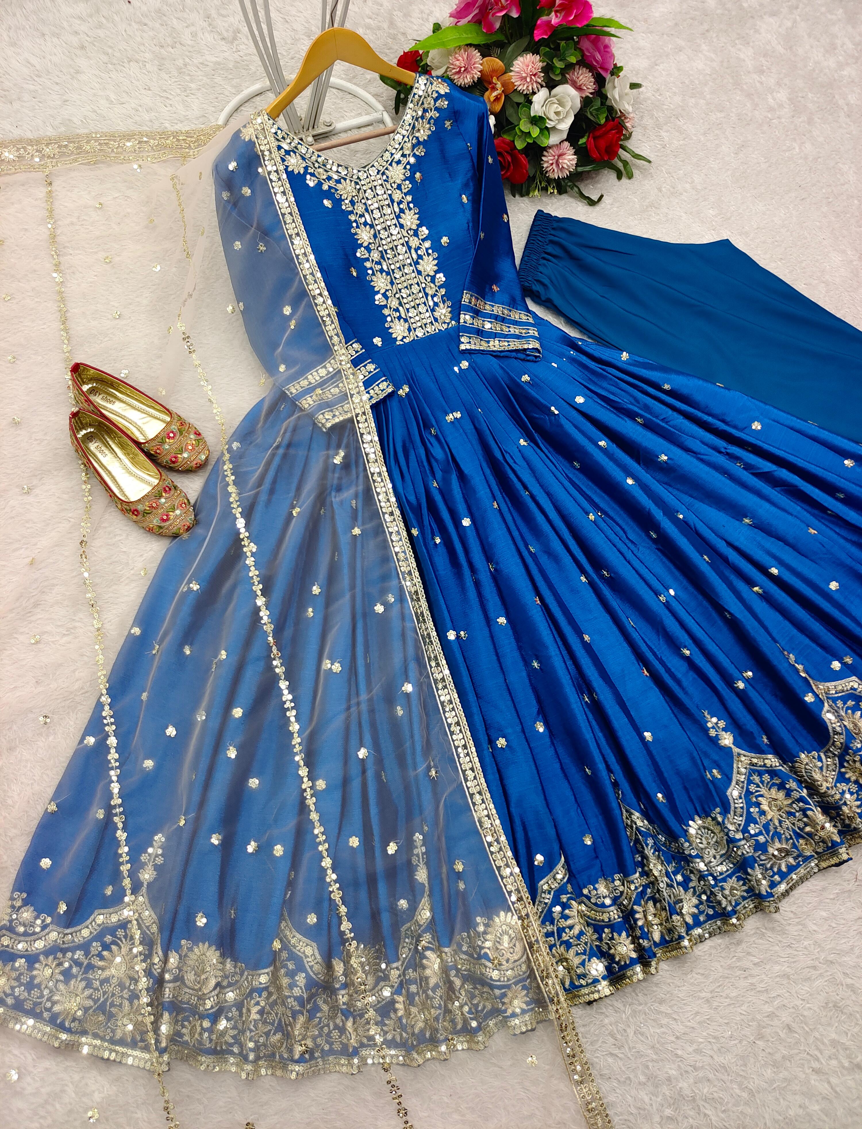 Blue Color Embroidery Work Long Gown With Net Dupatta