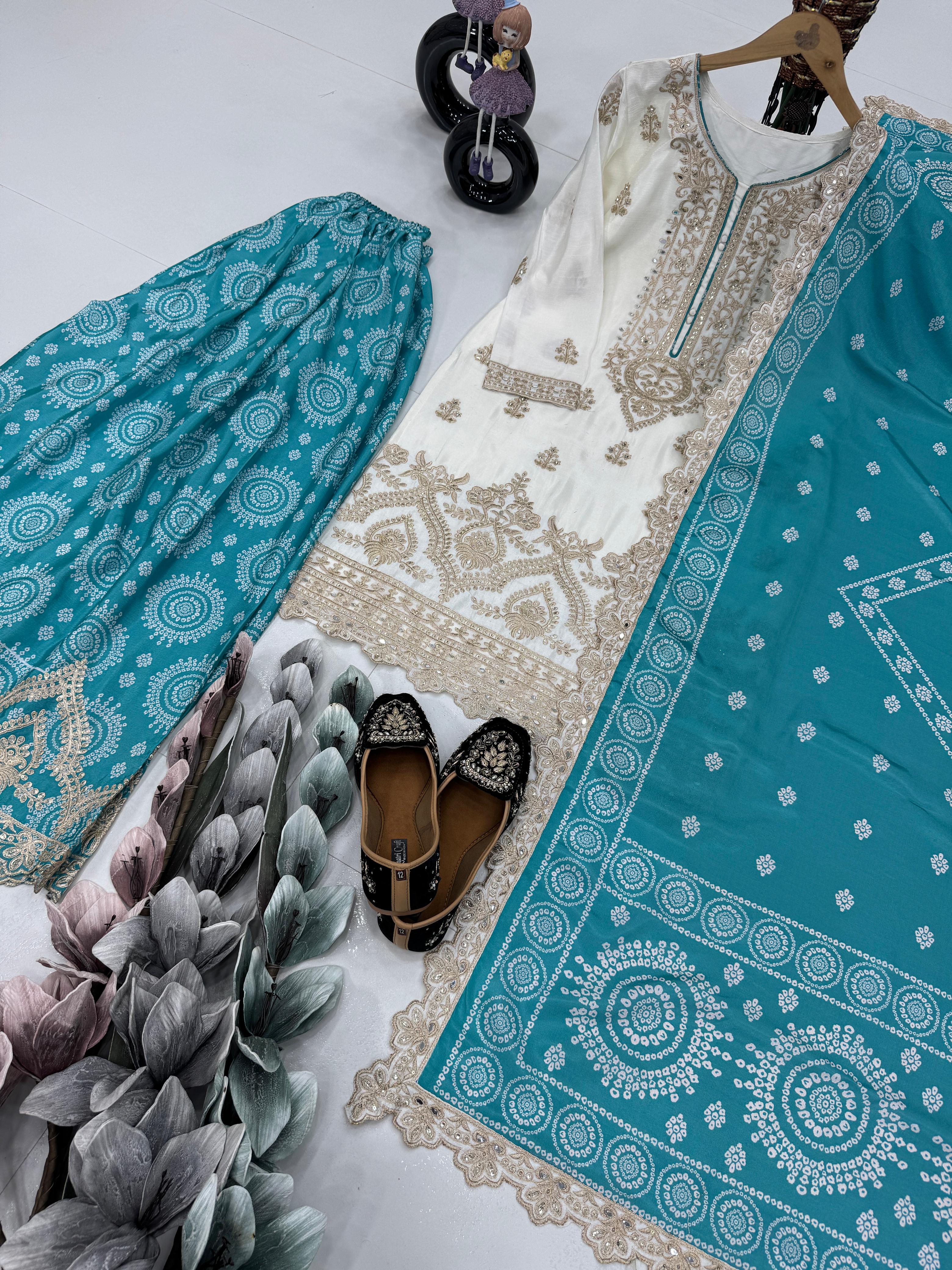 Demanding Heavy Work White Color Sharara Suit With Blue Dupatta