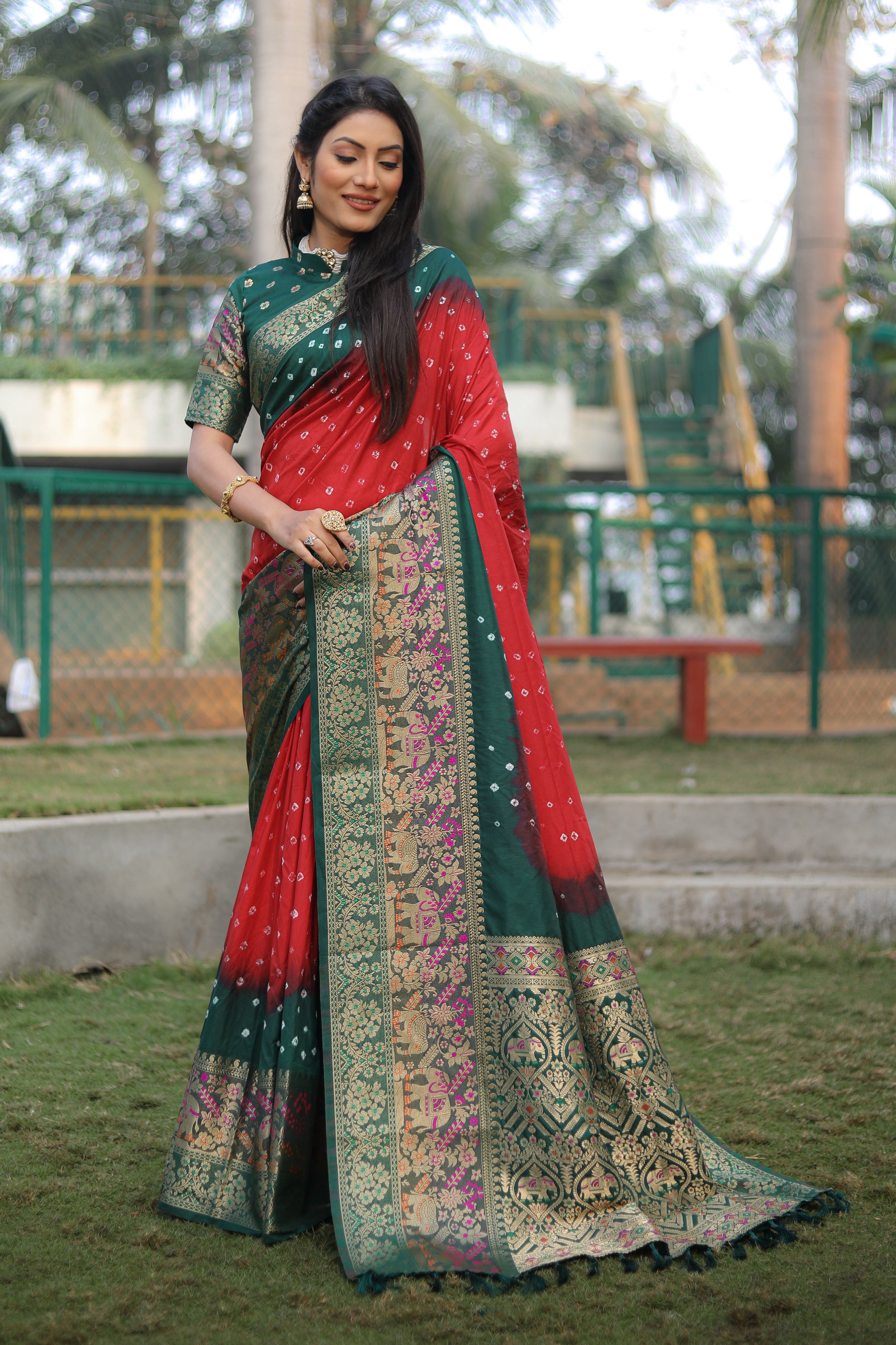 Bandhani Print Green With Red Zari Weaving Silk Saree