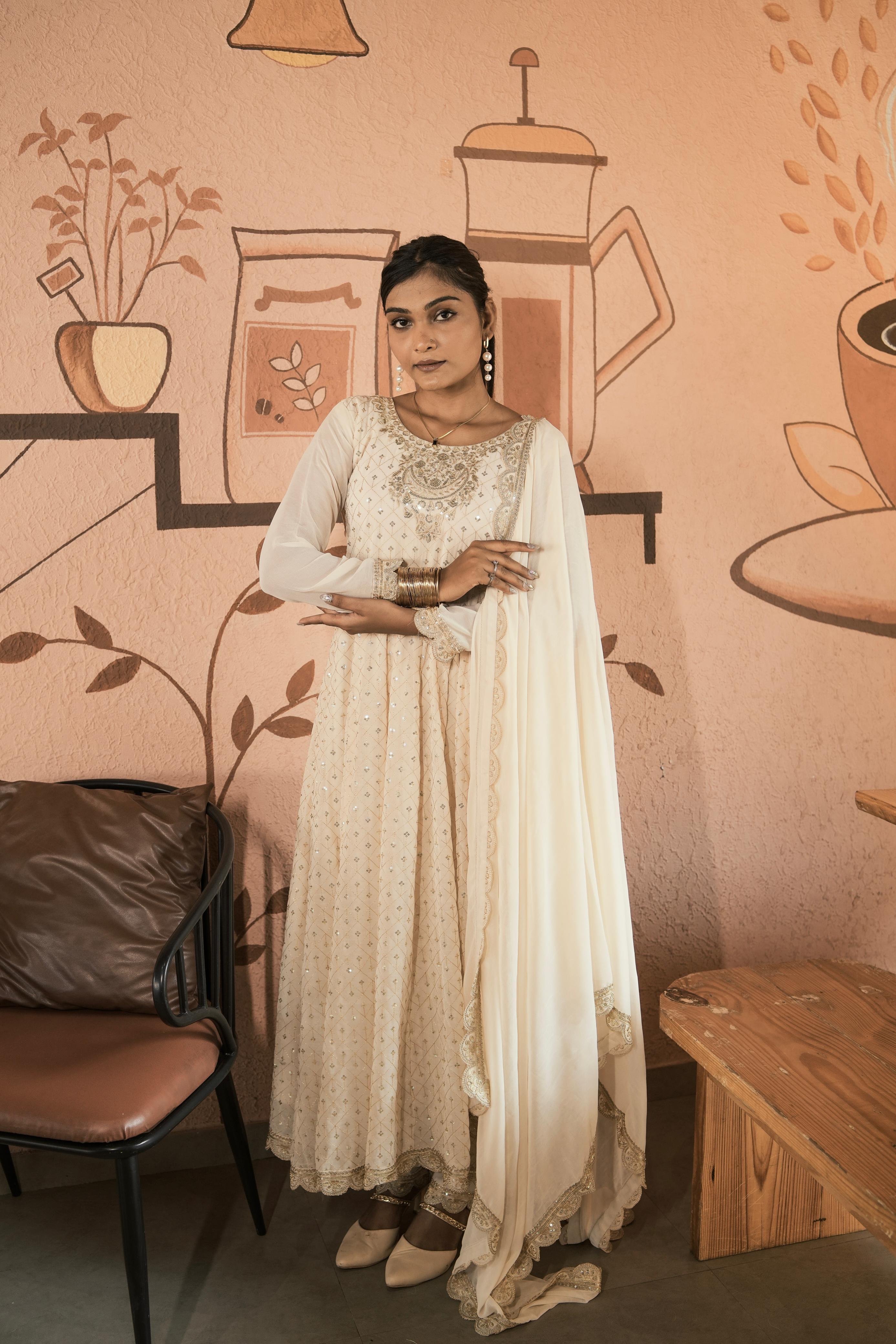 Alluring White Georgette Embroidery Work Gown