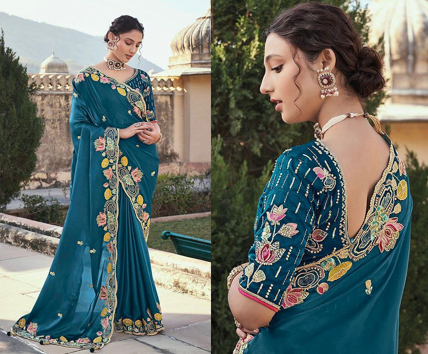 Wedding Wear Jimmy Cho Embroidery Work Teal Blue Color Saree