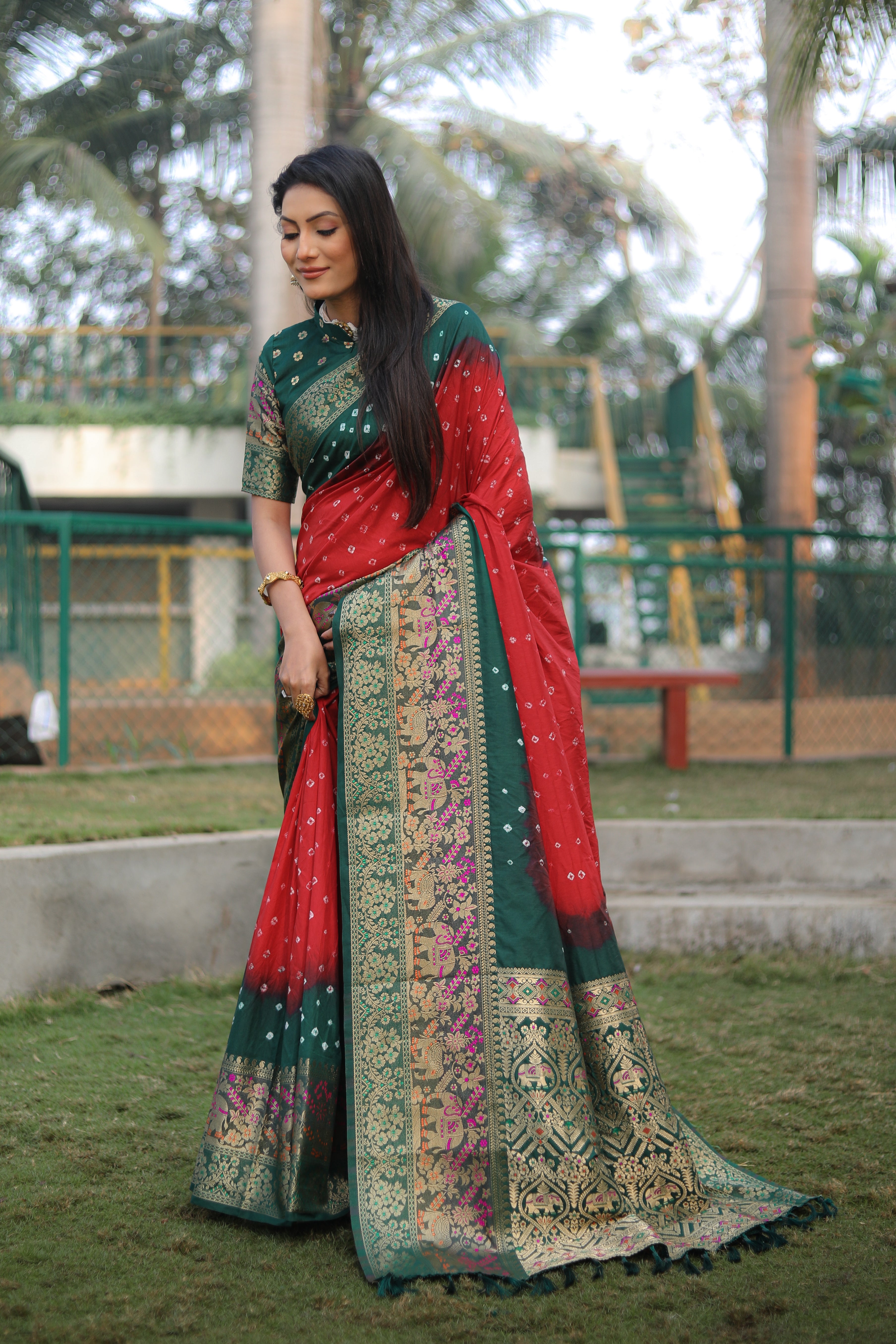 Bandhani Print Green With Red Zari Weaving Silk Saree