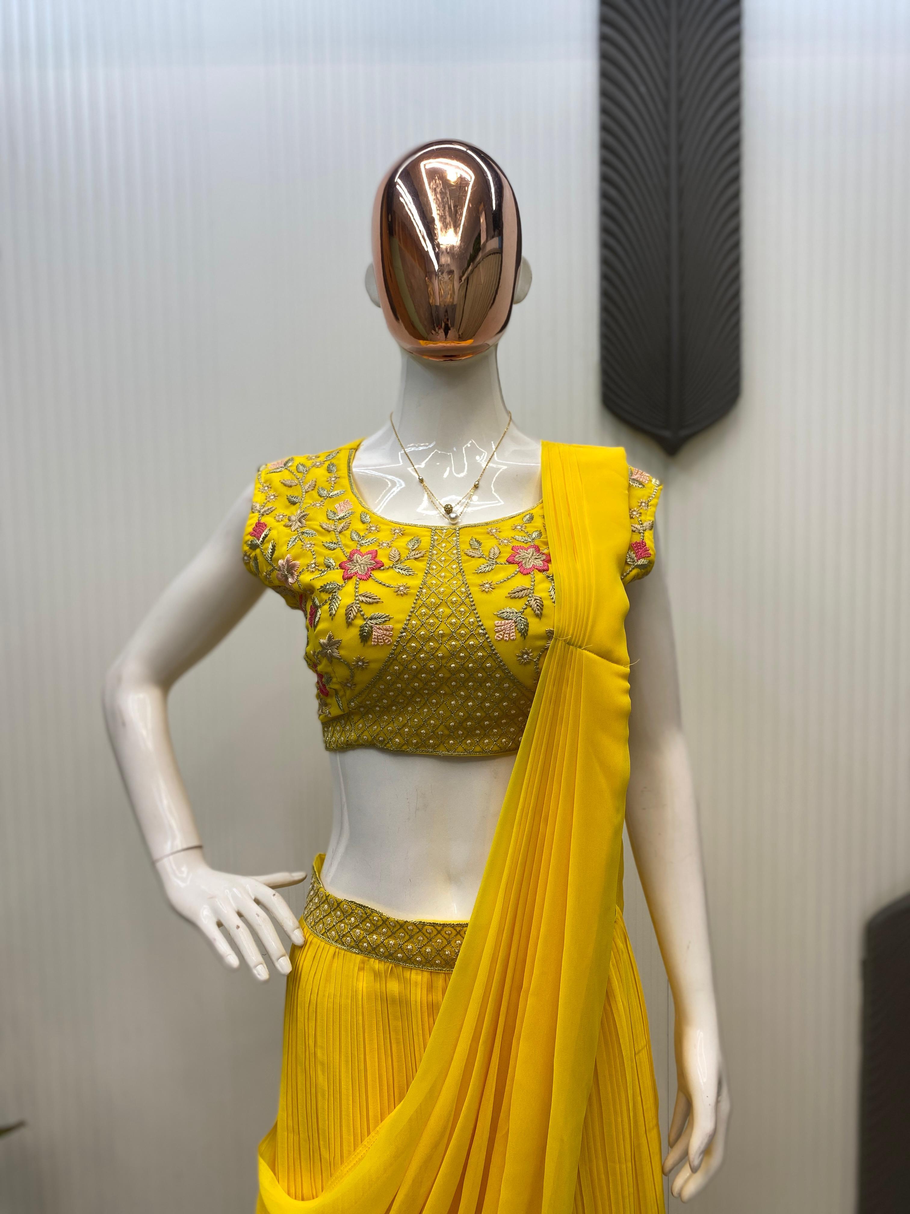 Function Wear Georgette Yellow Color Lehenga Saree With Koti