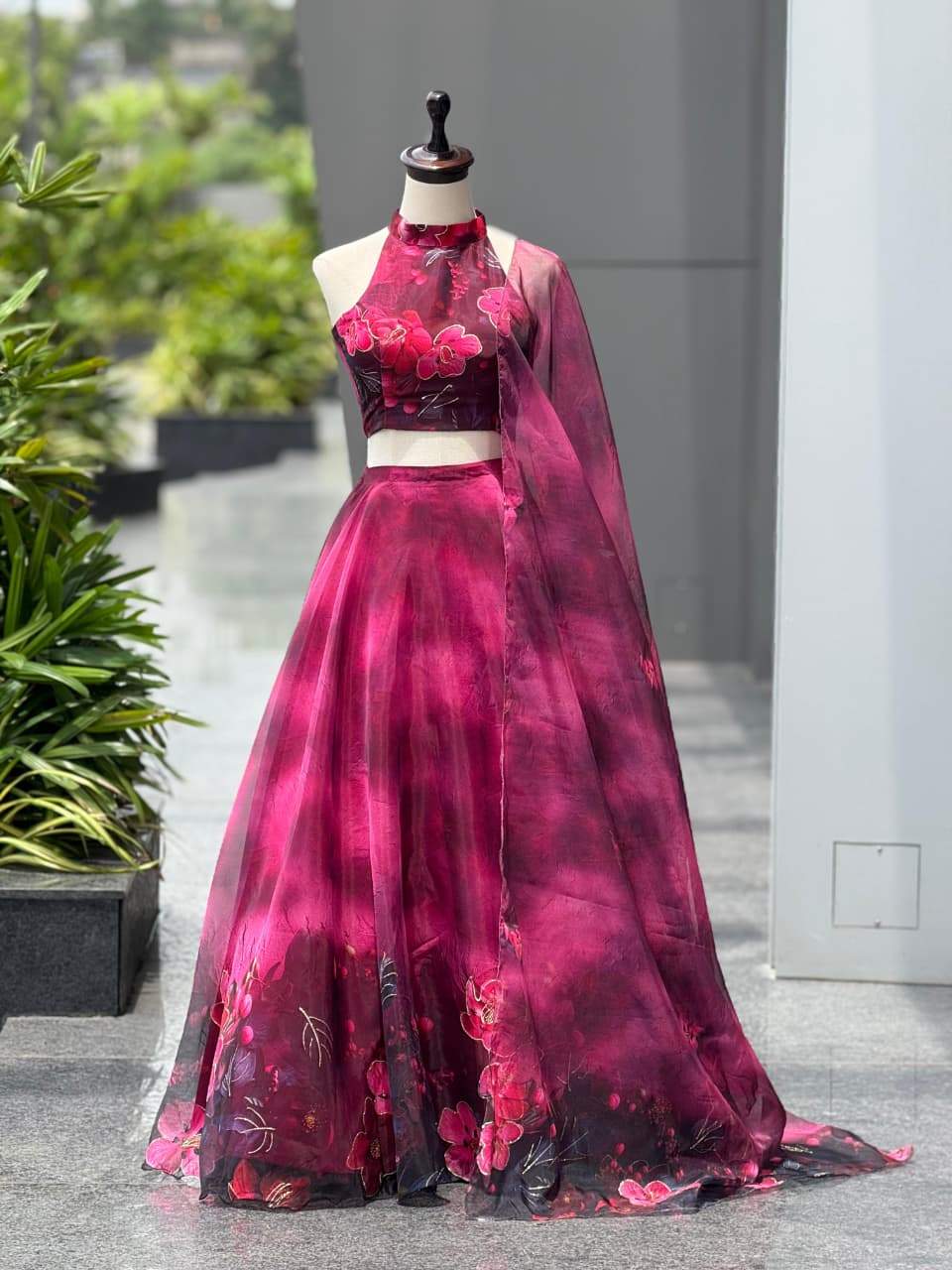Admiring Pink Color Digital Printed Organza Work Lehenga