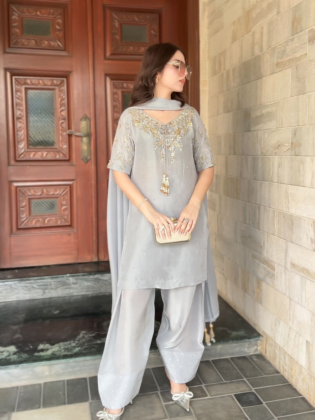 Beads Work Grey Color Patiala Style Salwar Suit