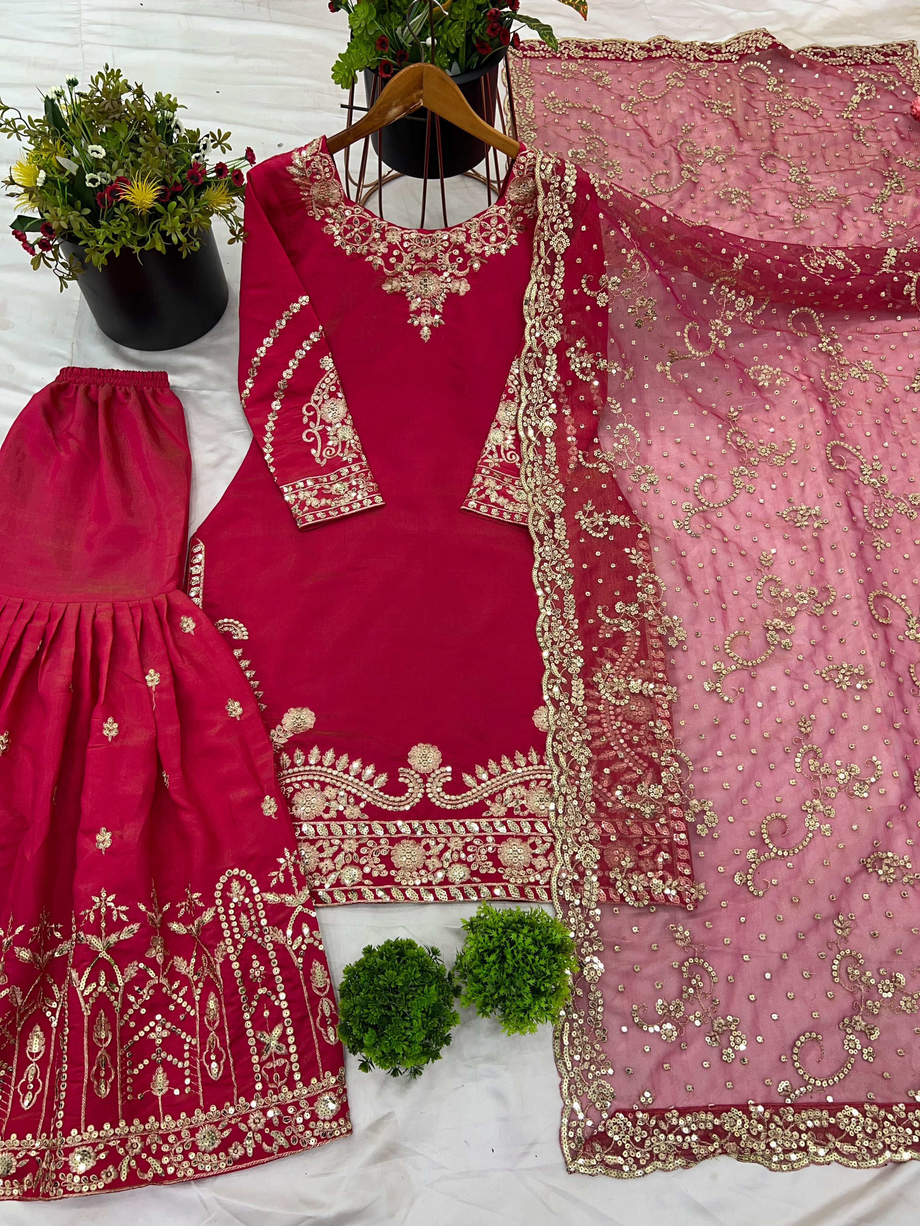 Attractive Simmer Silk Pink Color Sharara Suit