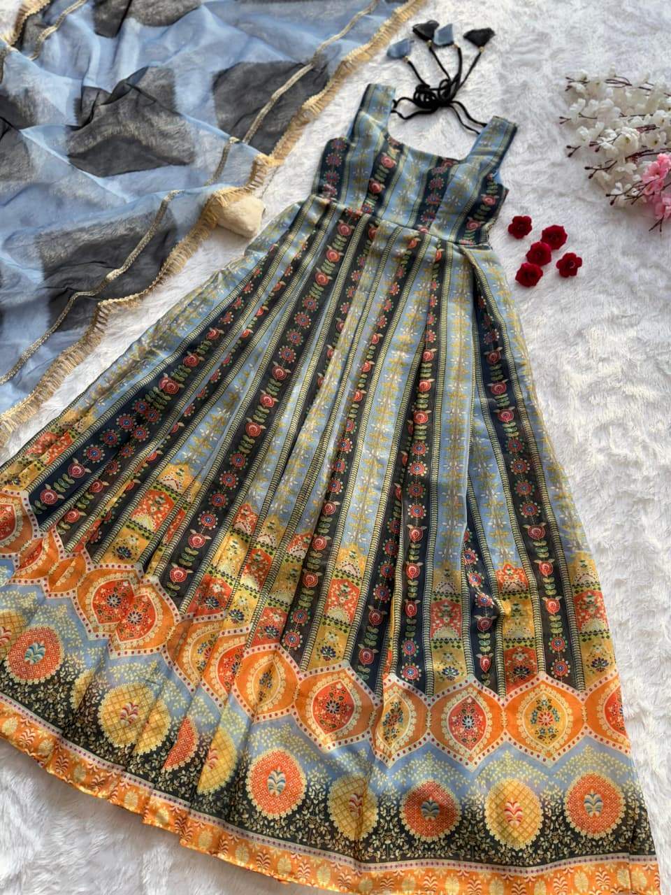Awesome Multi Color Organza Digital Work Gown